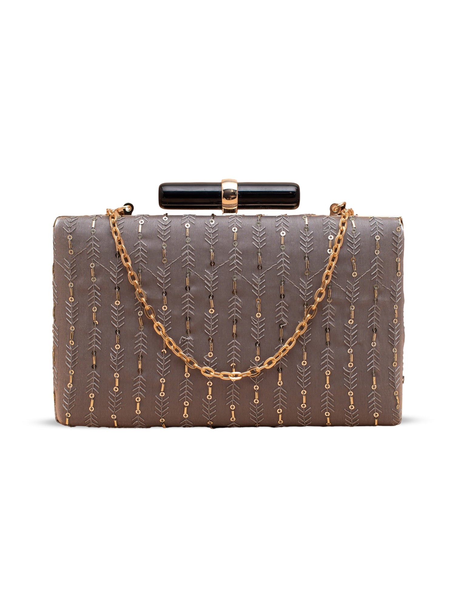 Artklim Elegant Grey Embroidered Clutch with Golden Sling