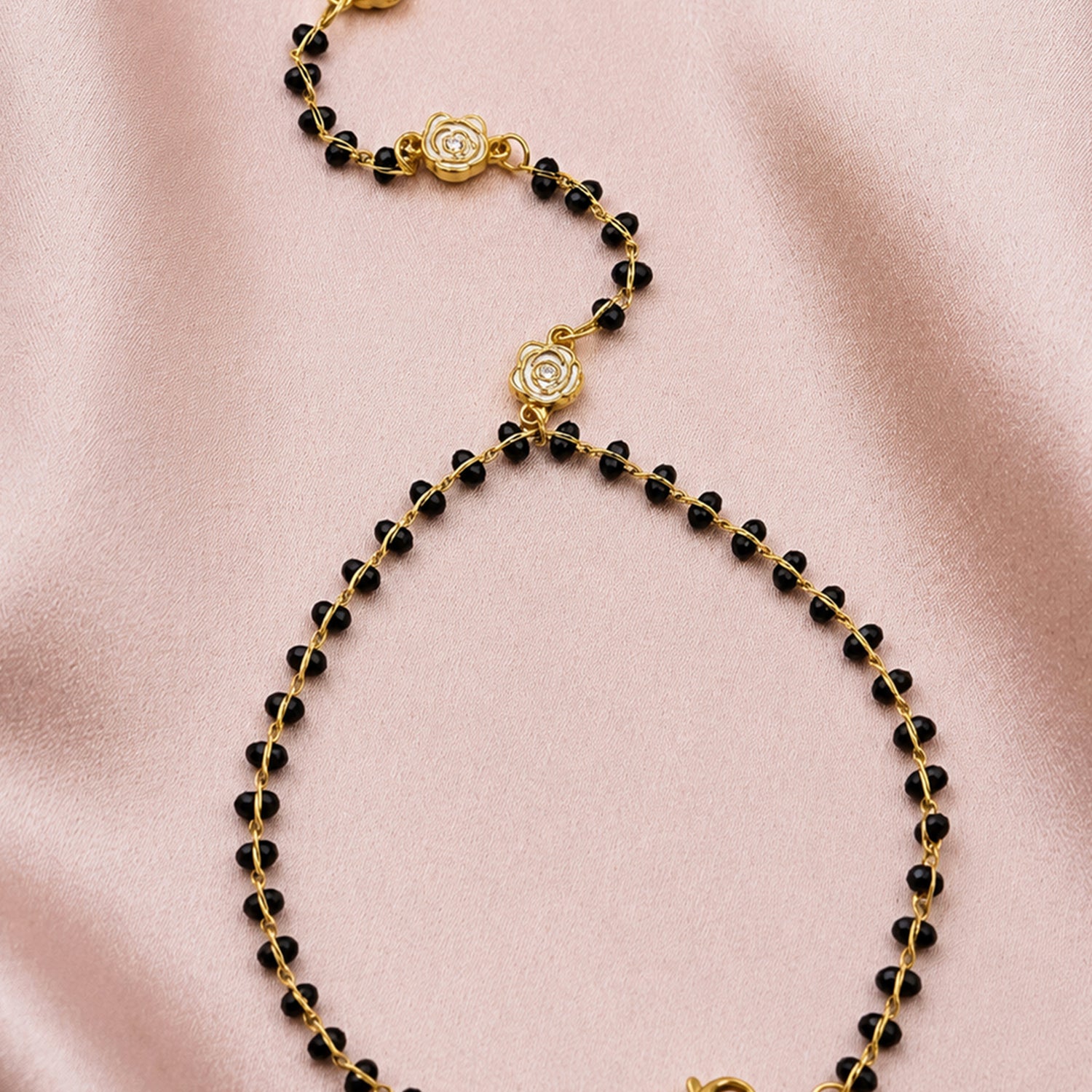 Artklim Gold Plated Black Beaded Hand Harness Anti-Tarnish Hand Chain Bracelet