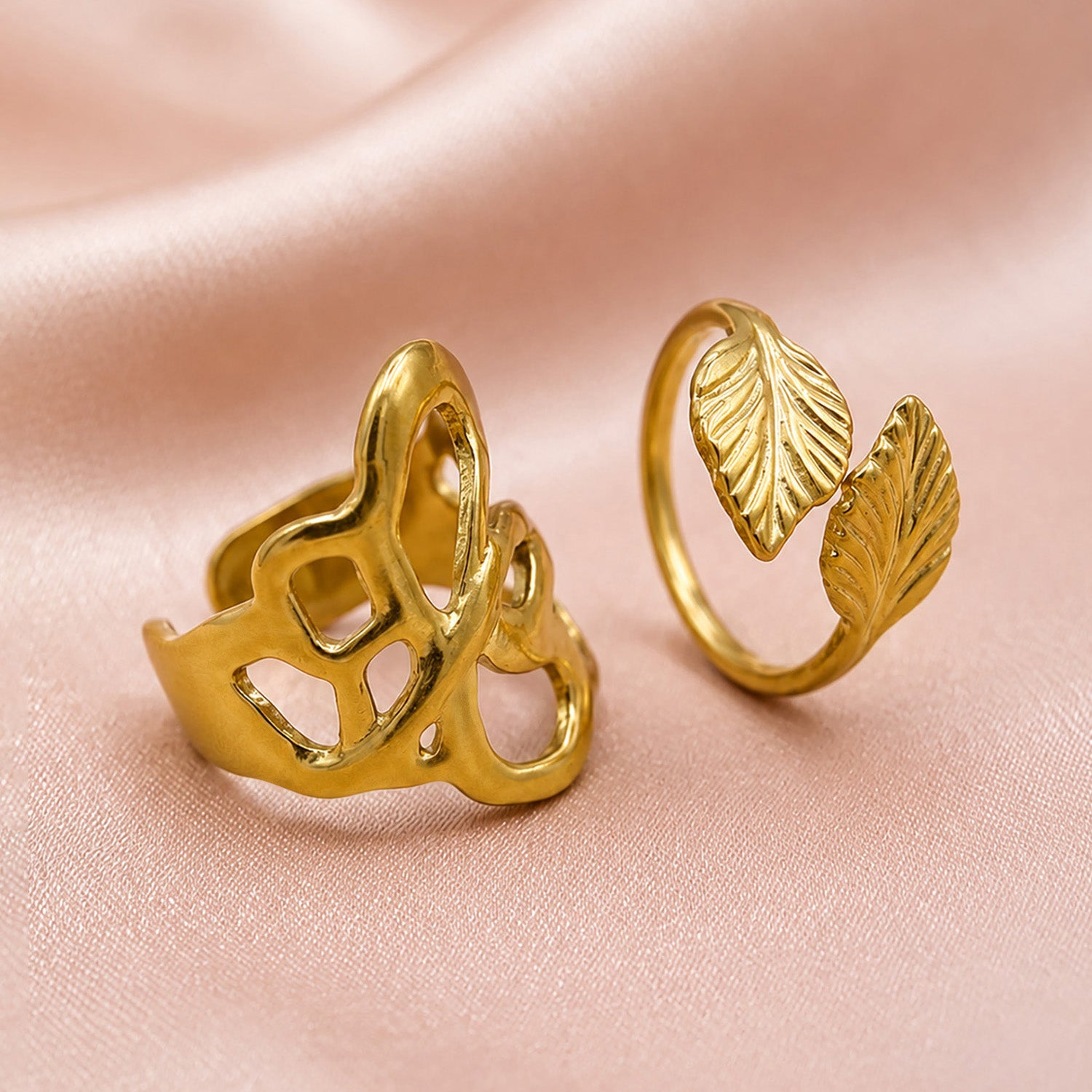 Artklim Nature Leaf Dual Adjustable Anti-Tarnish Ring Set