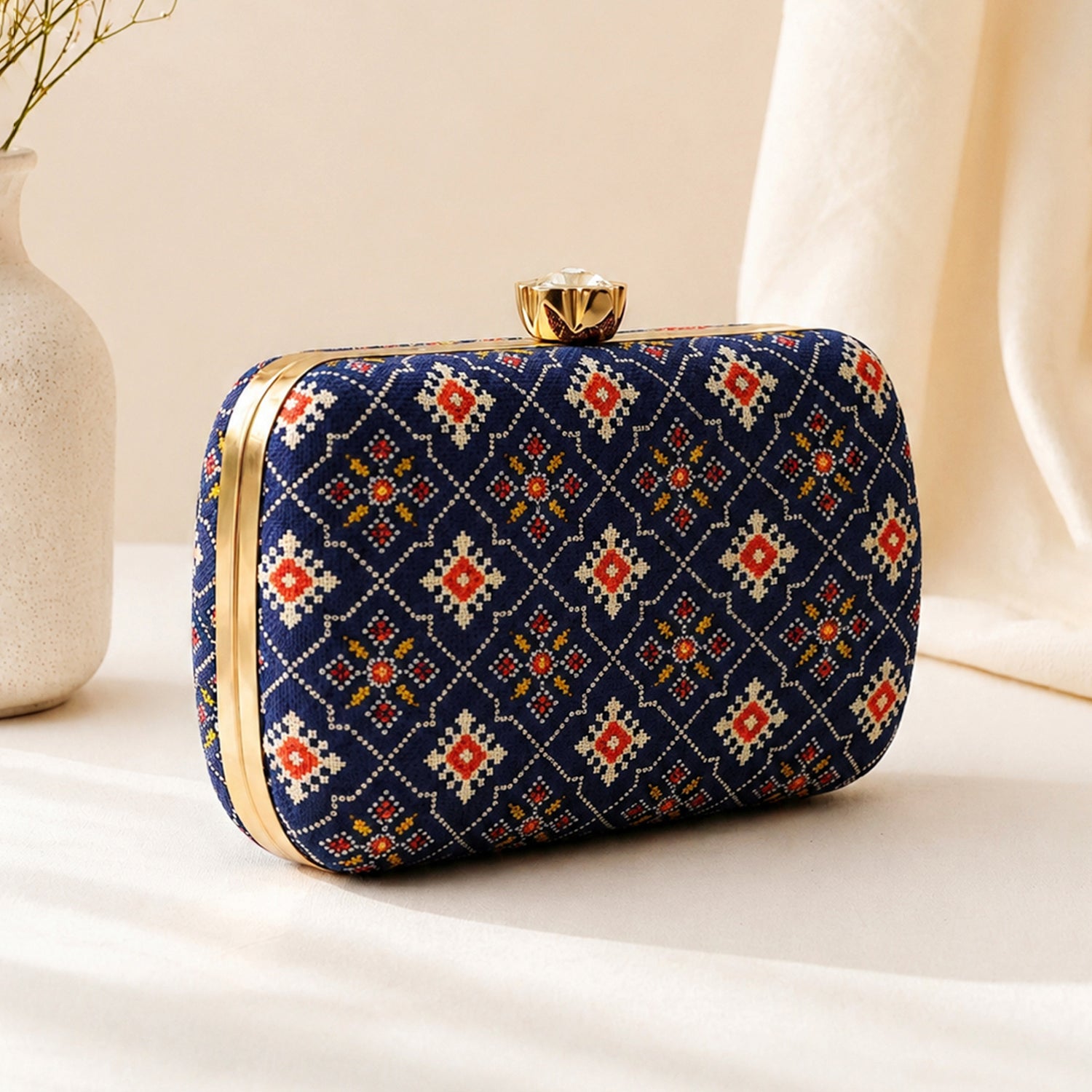 Artklim Royal Blue Ethnic Floral Pattern Chain Strap Printed Clutch