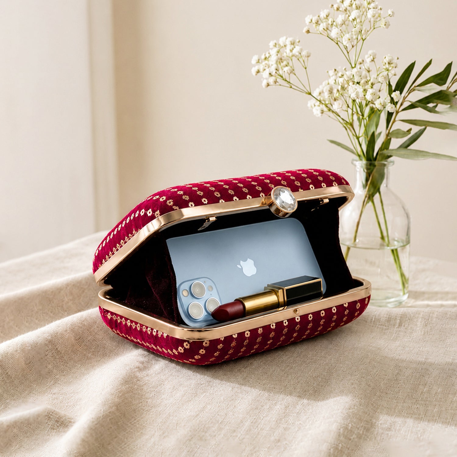 Artklim Magneta Pink Based Golden Sequins Embroidery Clutch