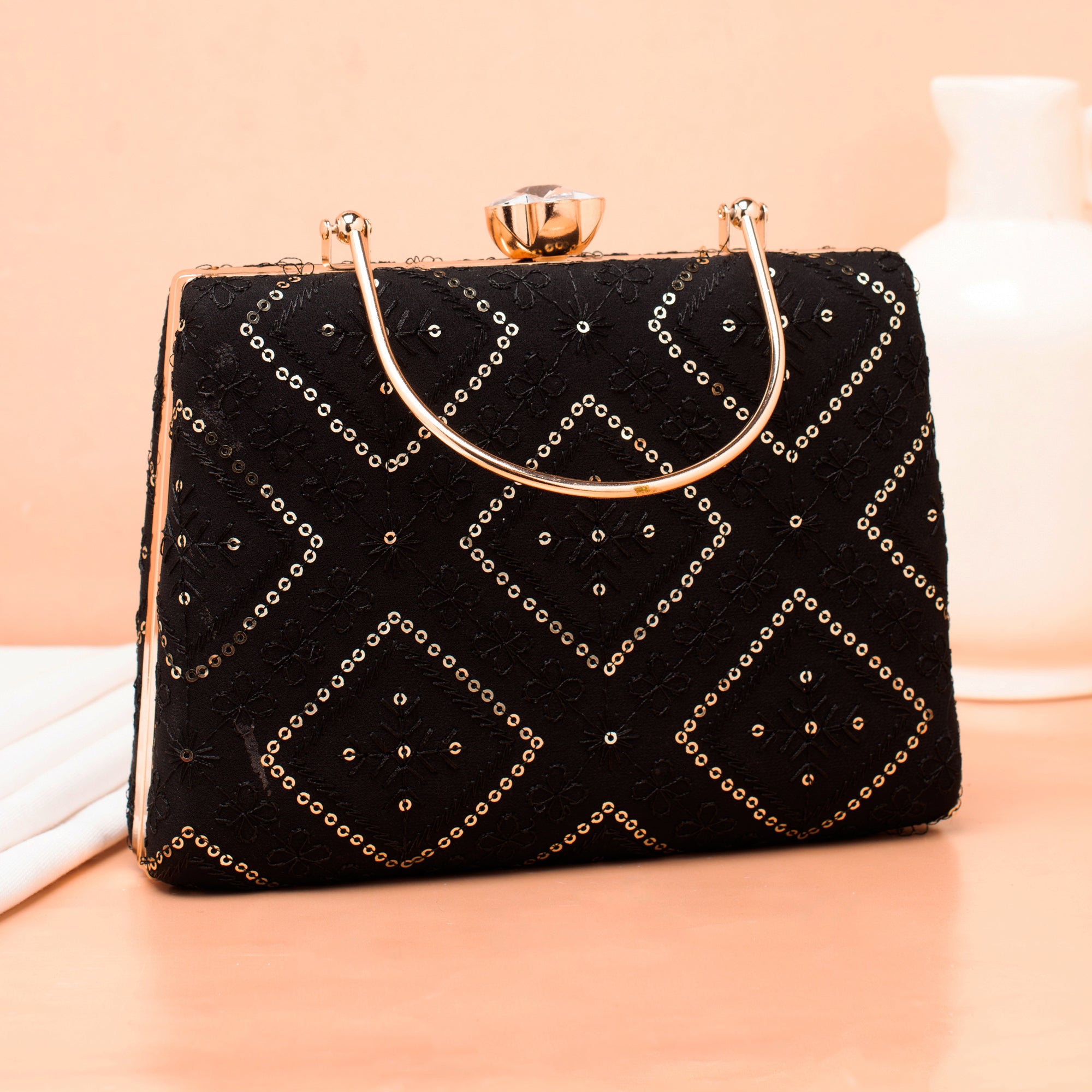 Artklim Black Based Sequins Embroidery Ethnic Clutch