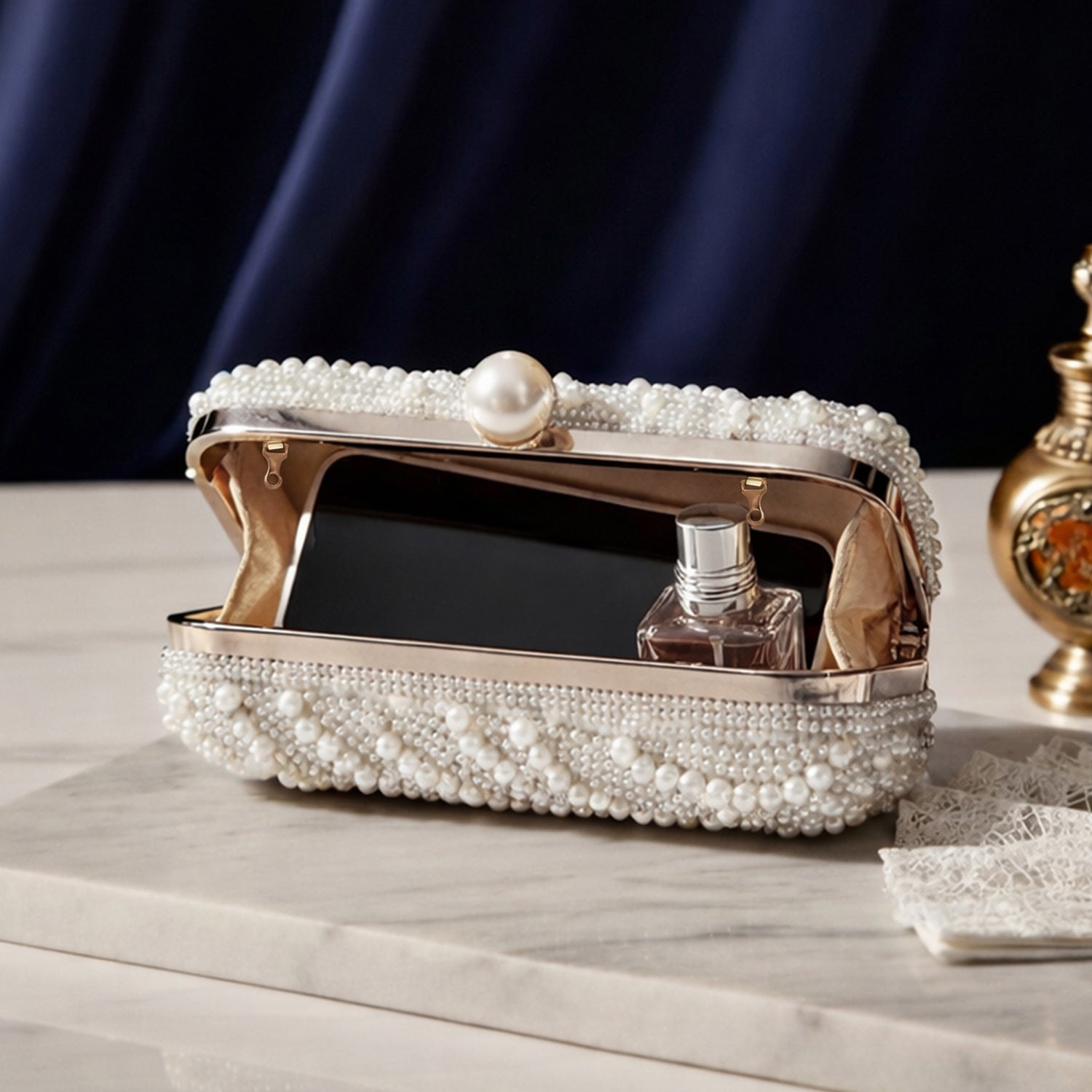 White Pearl Beaded Evening Clutch