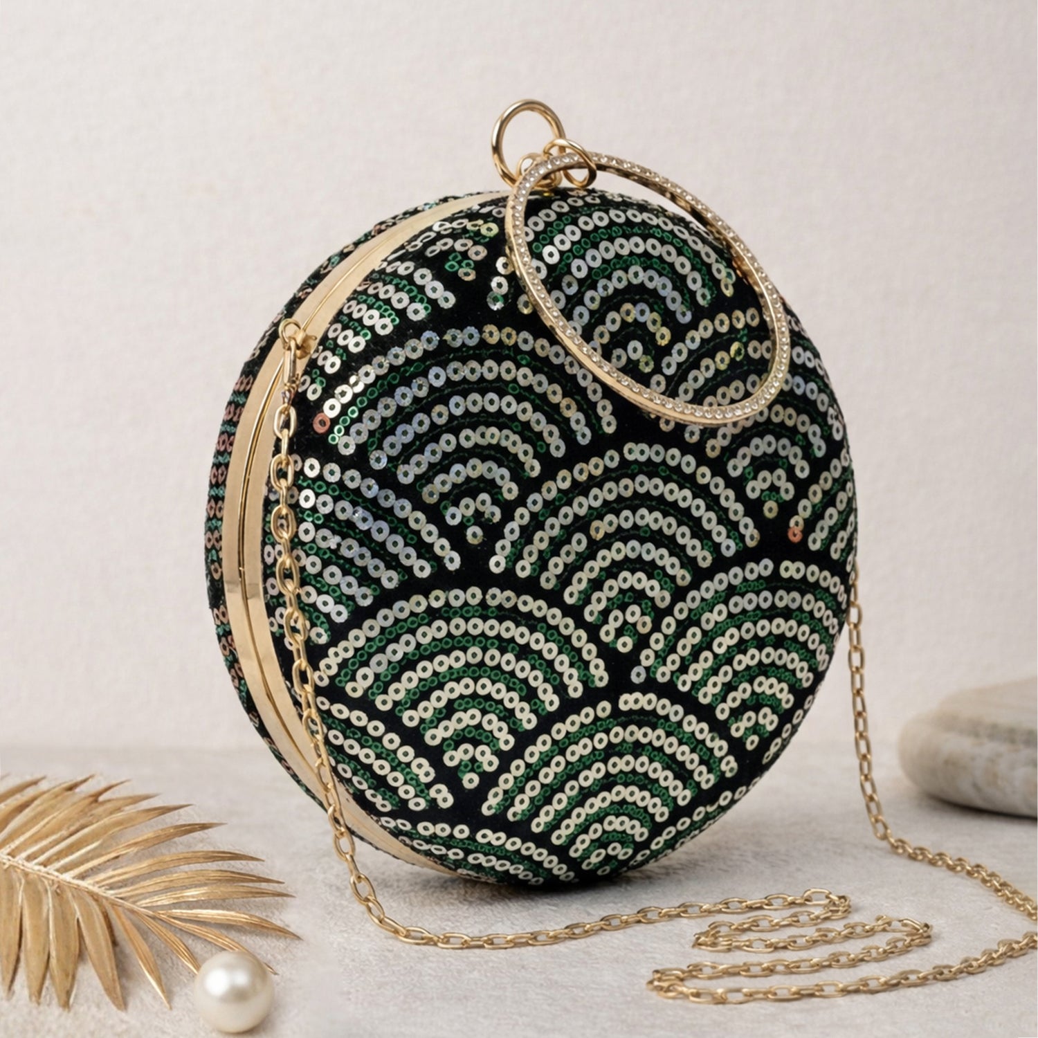 Artklim Stylish Green & Gold Sequin Embroidery Clutch