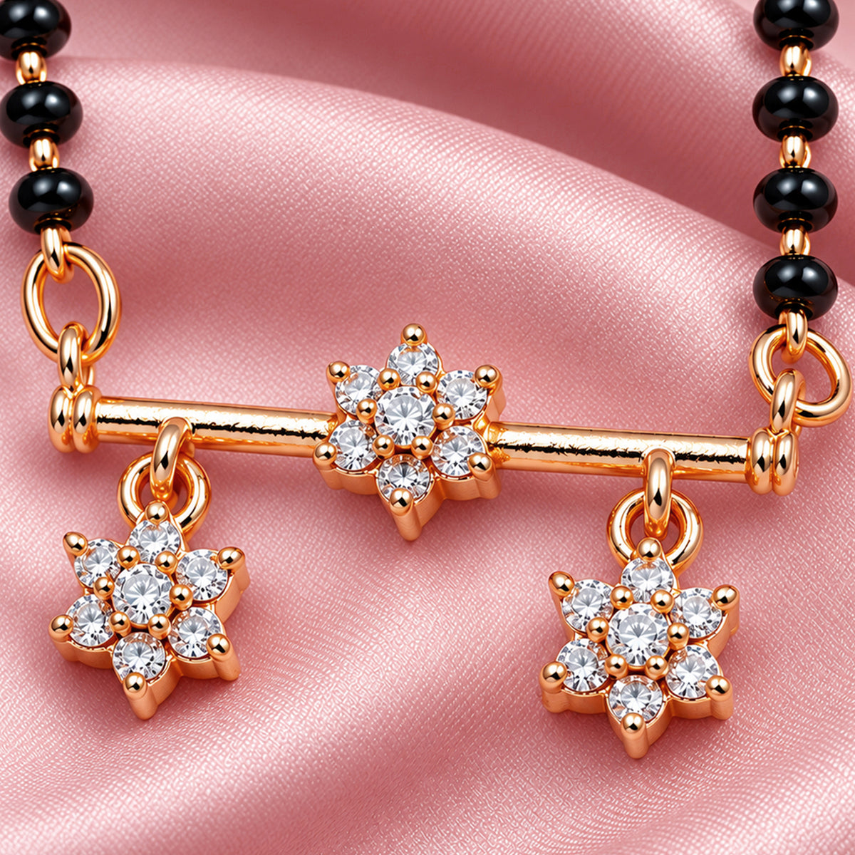 Artklim Elegant Rose Gold-Plated Floral Triple Pendant Mangalsutra with Black Beads for Women