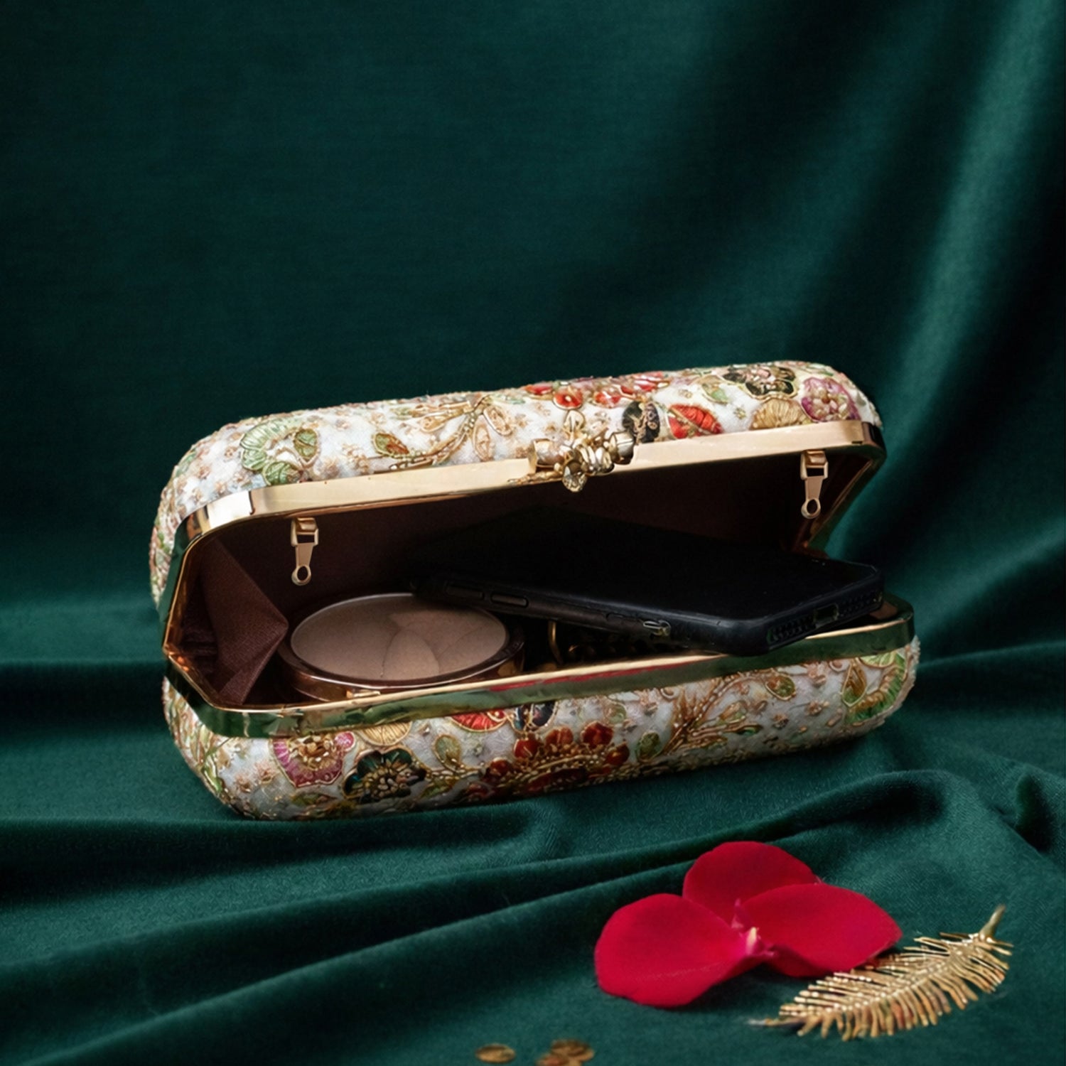 Artklim White Based Multicolored Threadwork And Sequins Embroidery Clutch