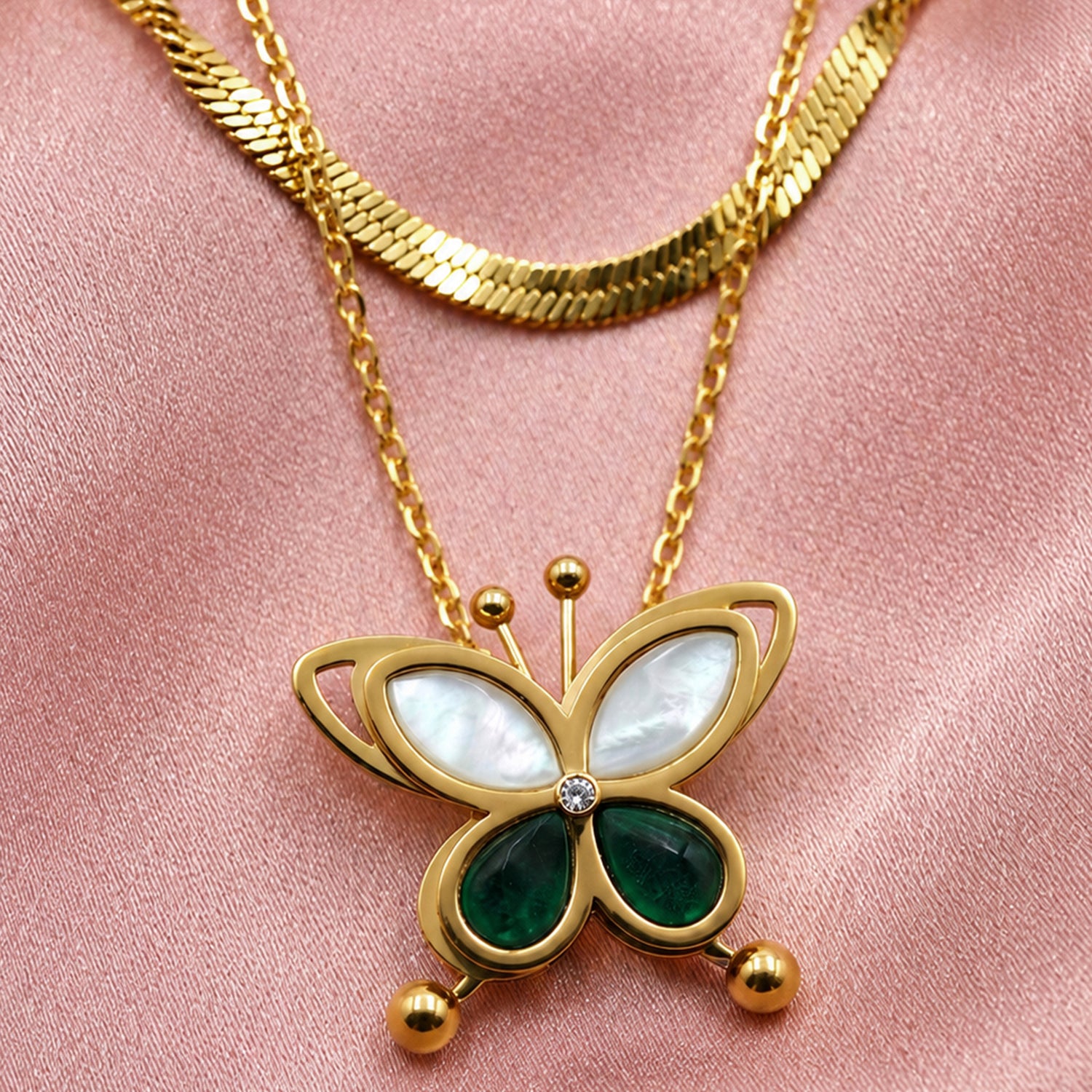 Artklim Green Butterfly Layered Gold Chain Anti-Tarnish Necklace