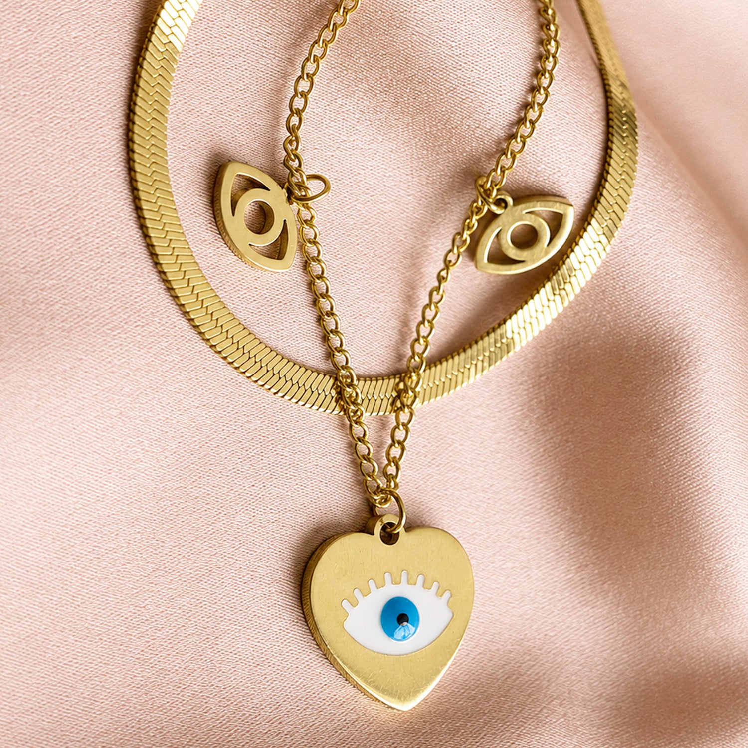 Artklim Heart Evil Eye Layered Anti-Tarnish Pendant Necklace