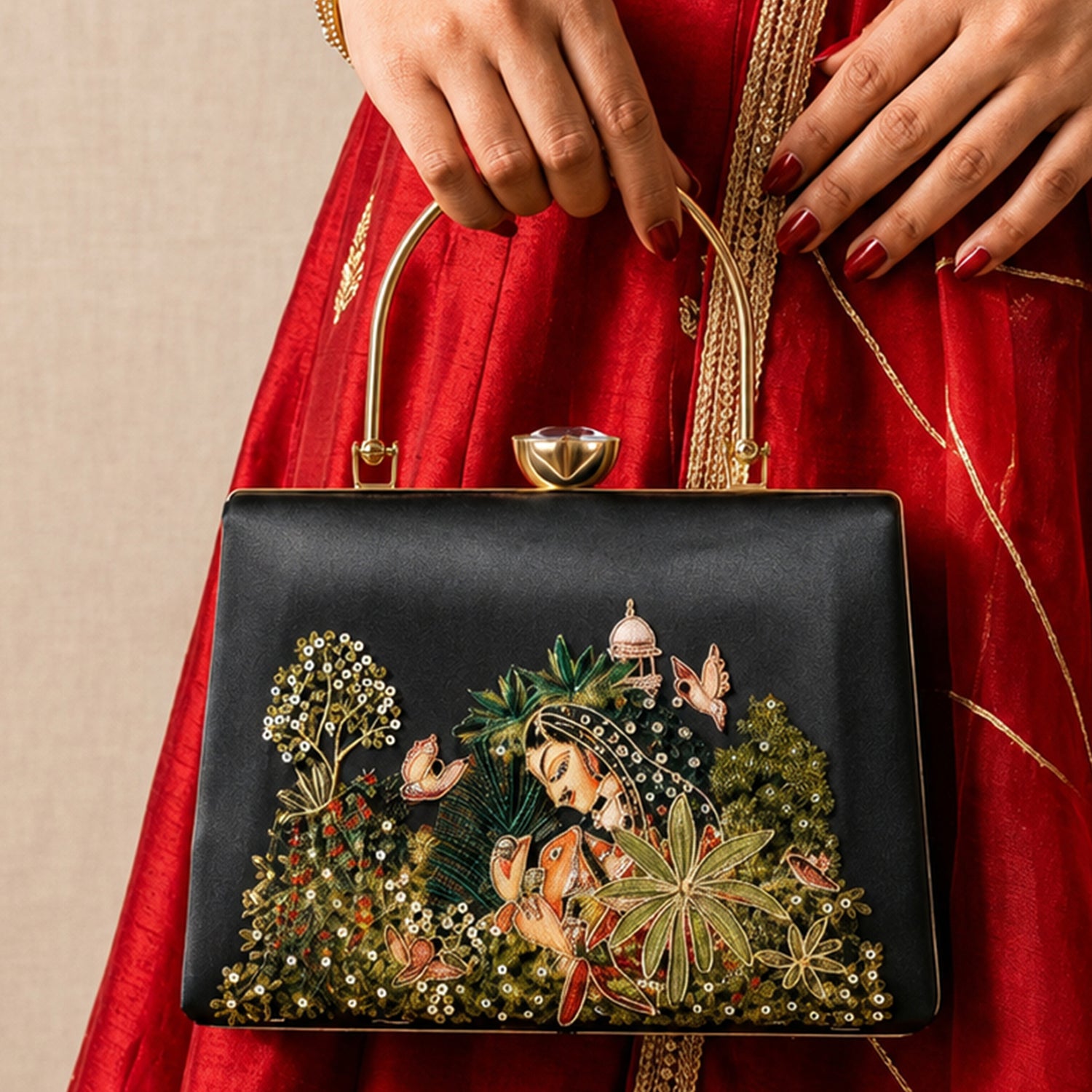 Artklim Printed Enchanted Garden Lady Clutch with Hand Embroidery
