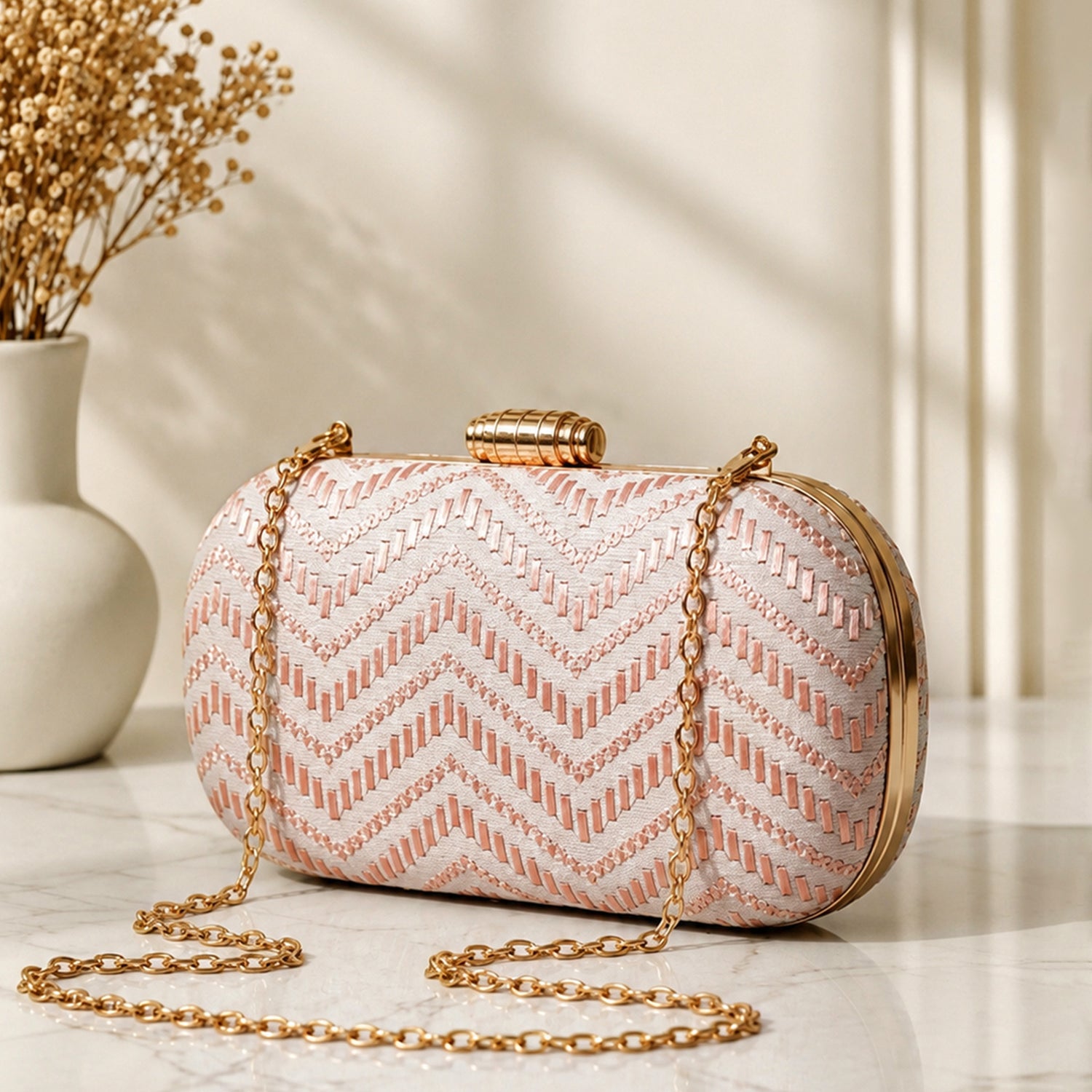 Artklim Soft Peach Chevron Pattern Festive Embroidery Clutch
