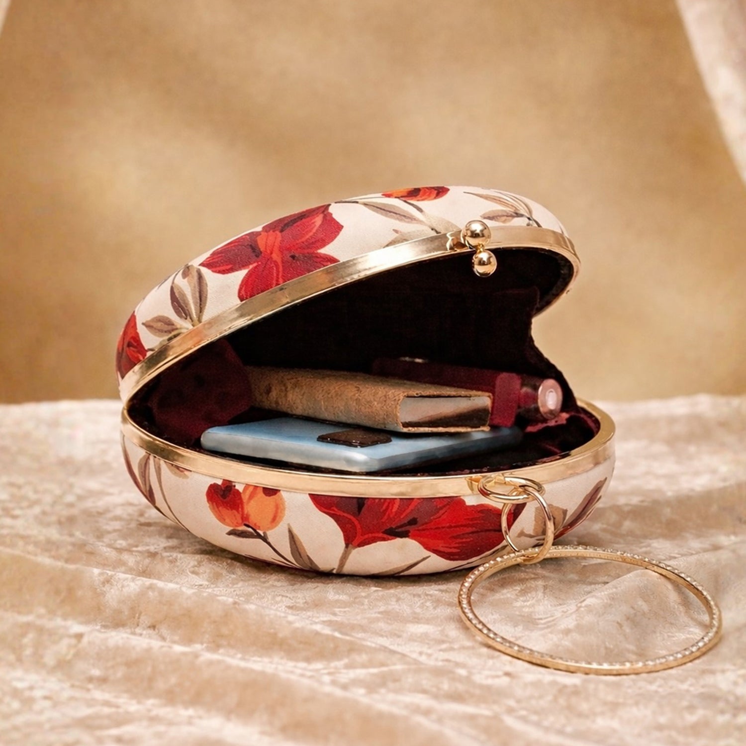 Red Floral Printed Round Clutch