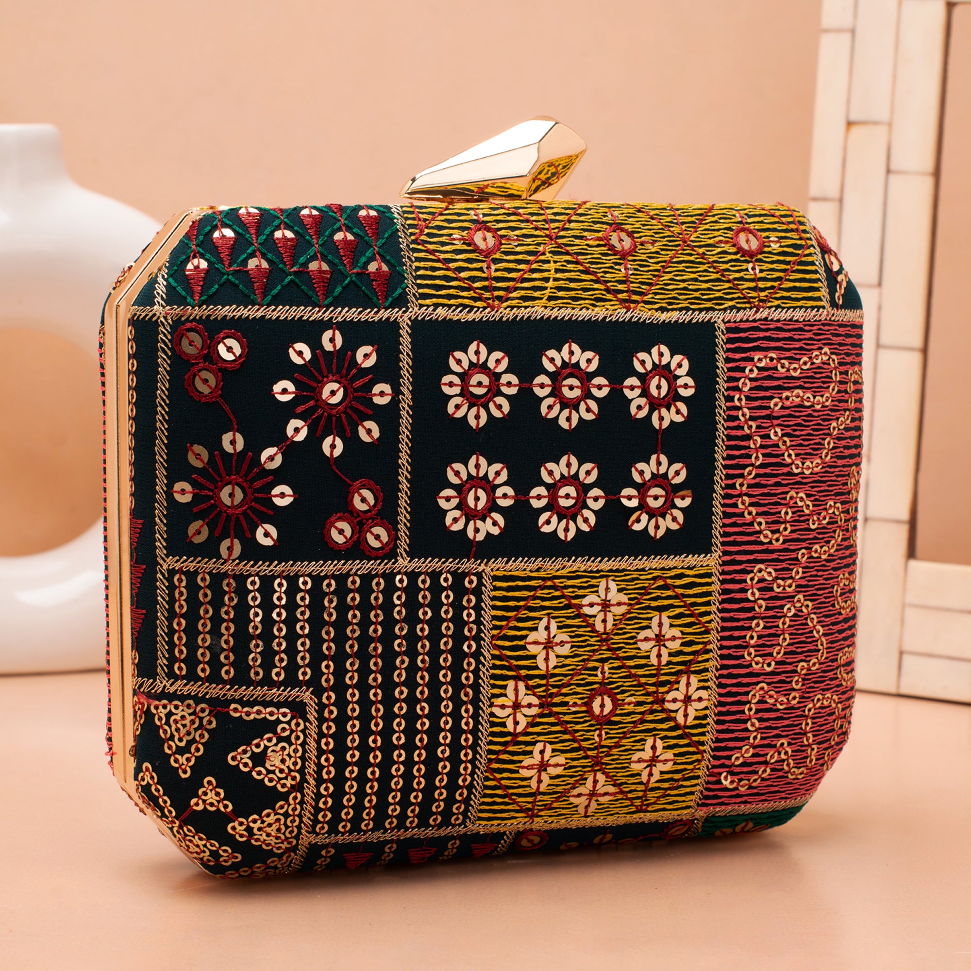 Artklim Black Based Sequins And Threadwork Embroidery Clutch
