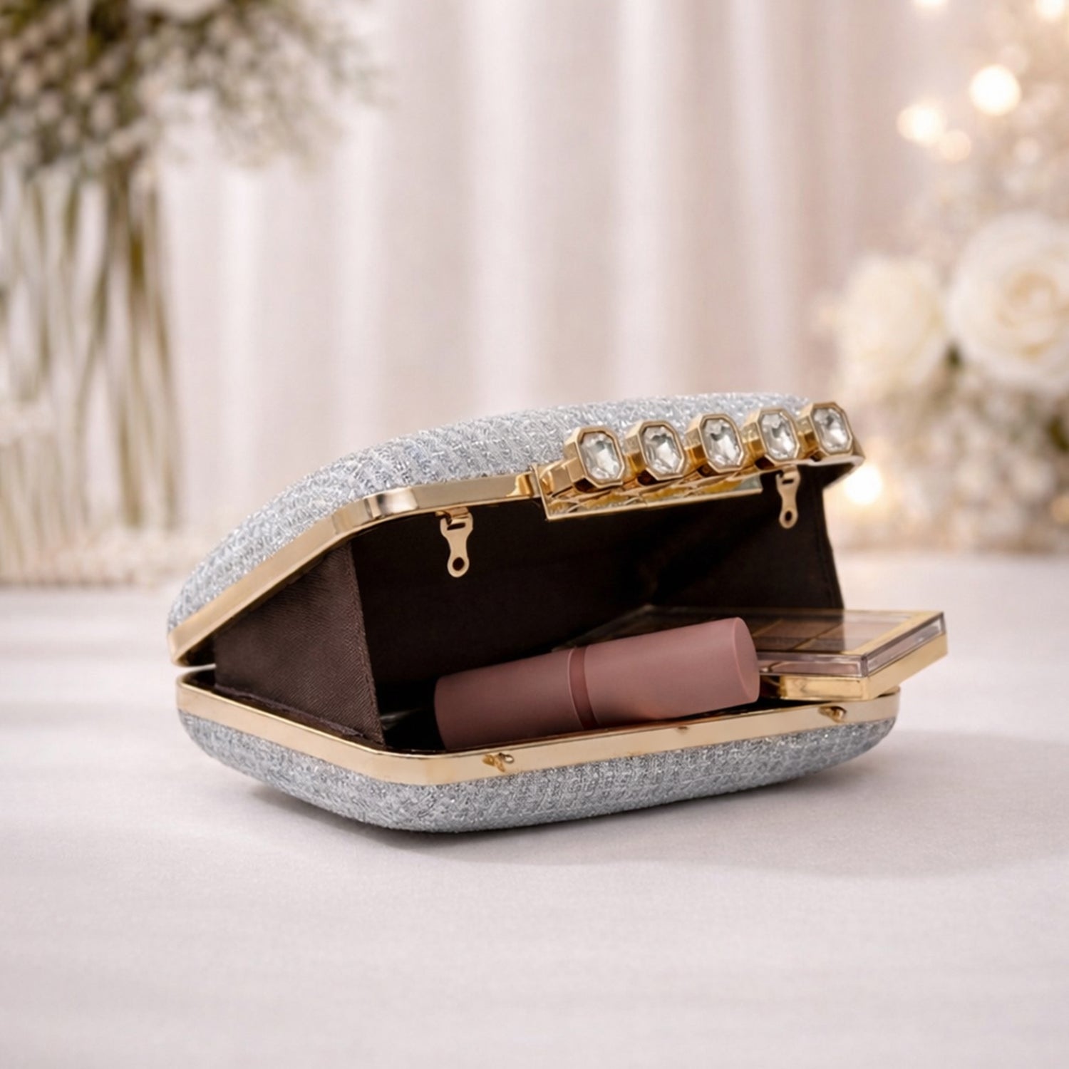 Artklim Silver Stylish Midnight Luxe Glitter Embroidery Clutch