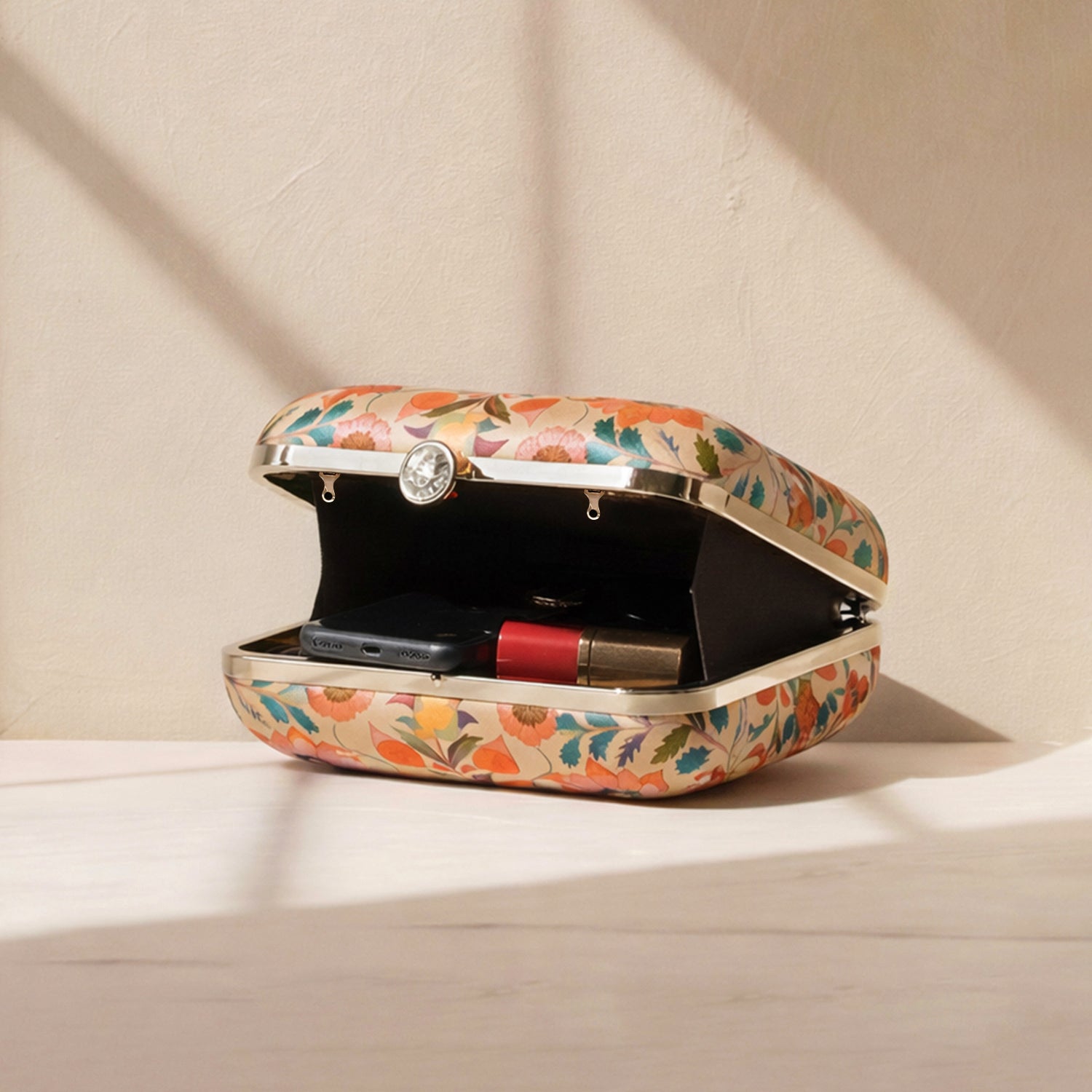 Beige Based Floral Printed Clutch