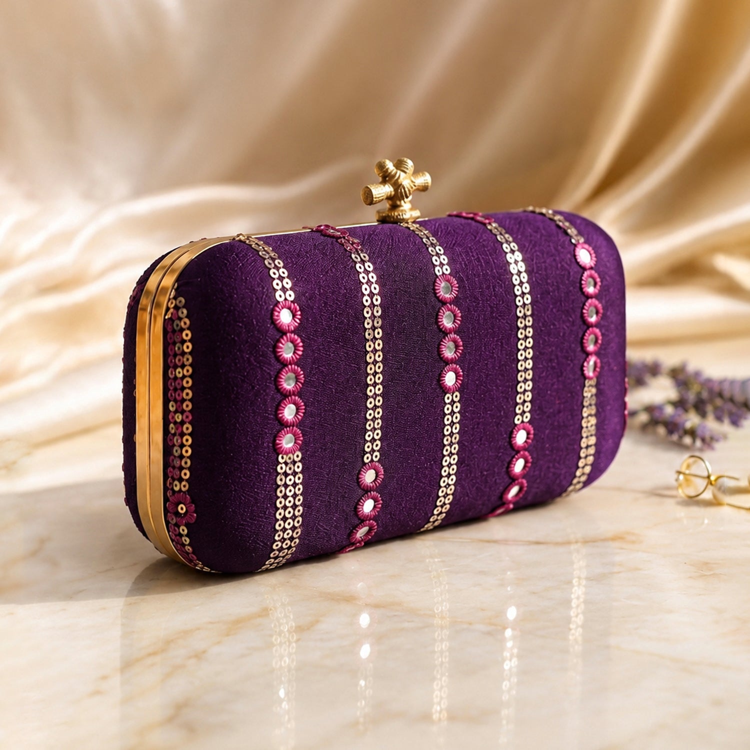 Artklim Elegant Purple Embellished EmbroideredClutch Bag