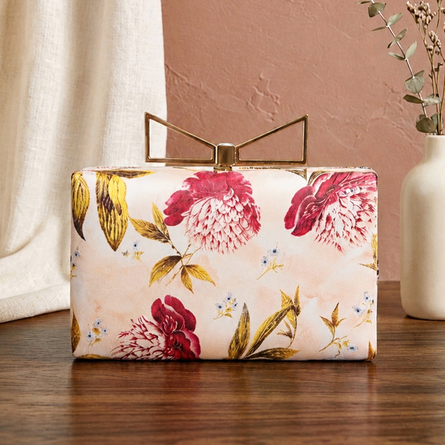 Artklim Printed Blush Pink Floral Designer Clutch with Hand Embroidery