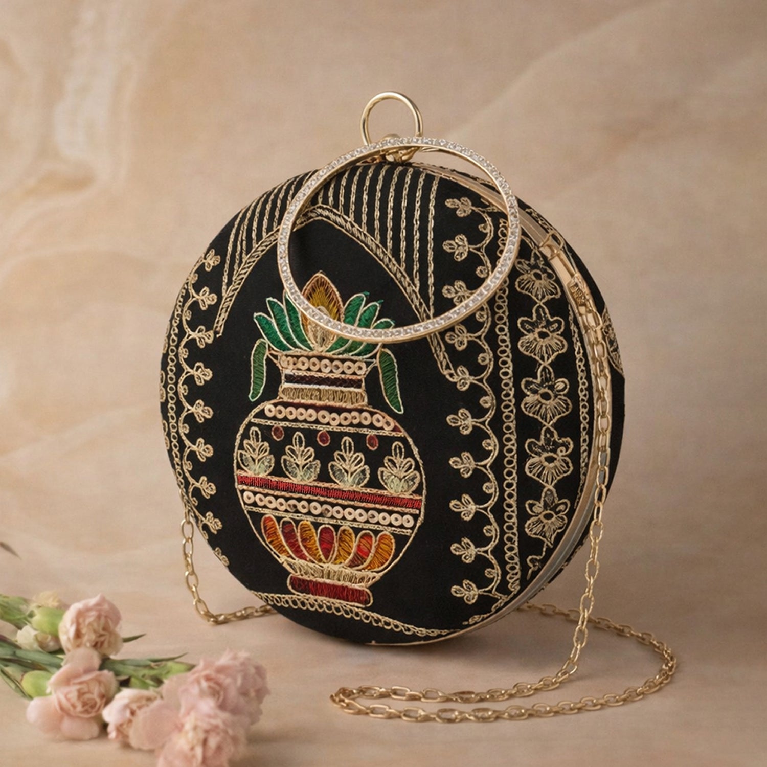 Artklim Royal Black Round Embroidered Clutch