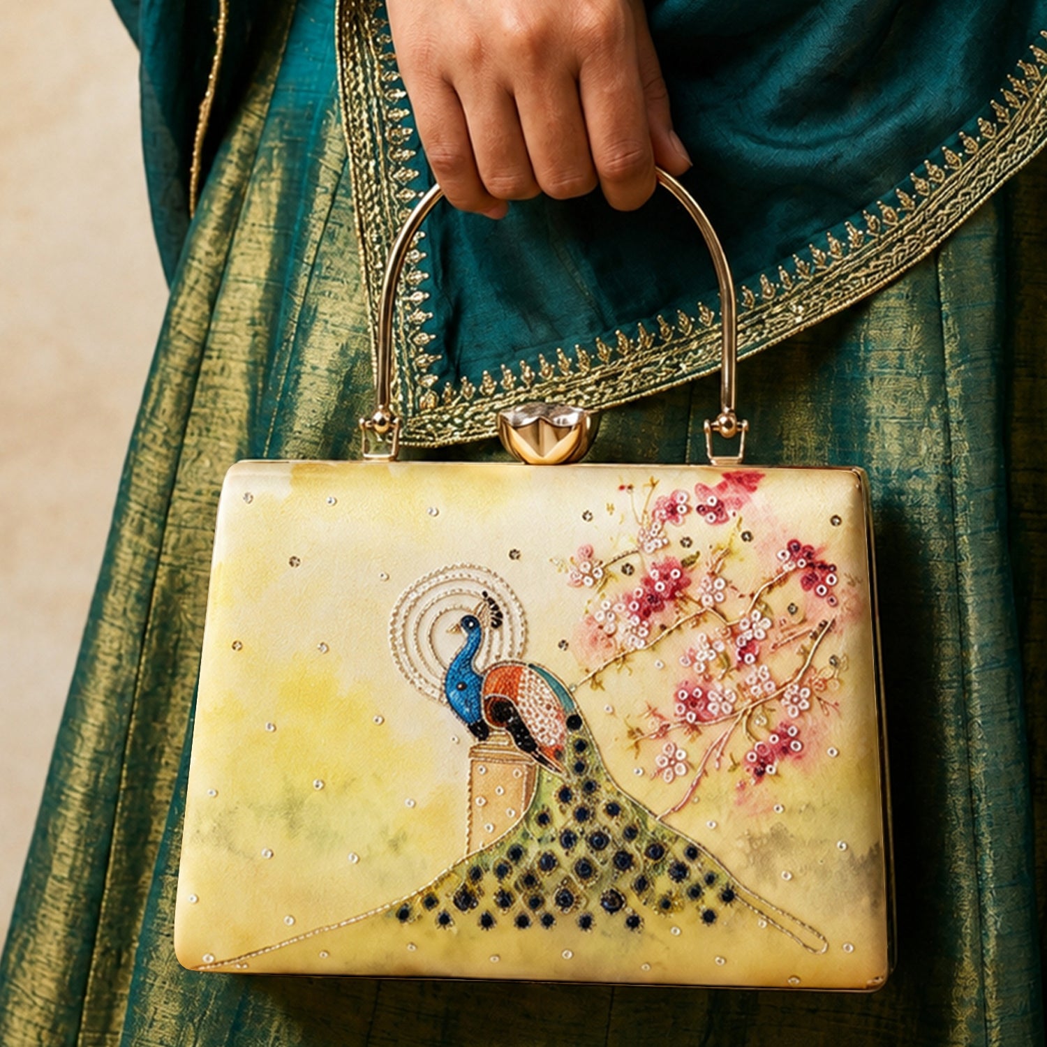 Artklim Printed Royal Peacock Blossom Embellished Clutch with Hand Embroidery