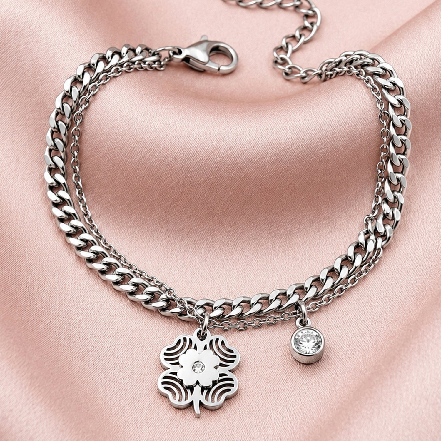 Artklim Silver Floral Charm Layered Chain Anti-Tarnish Bracelet