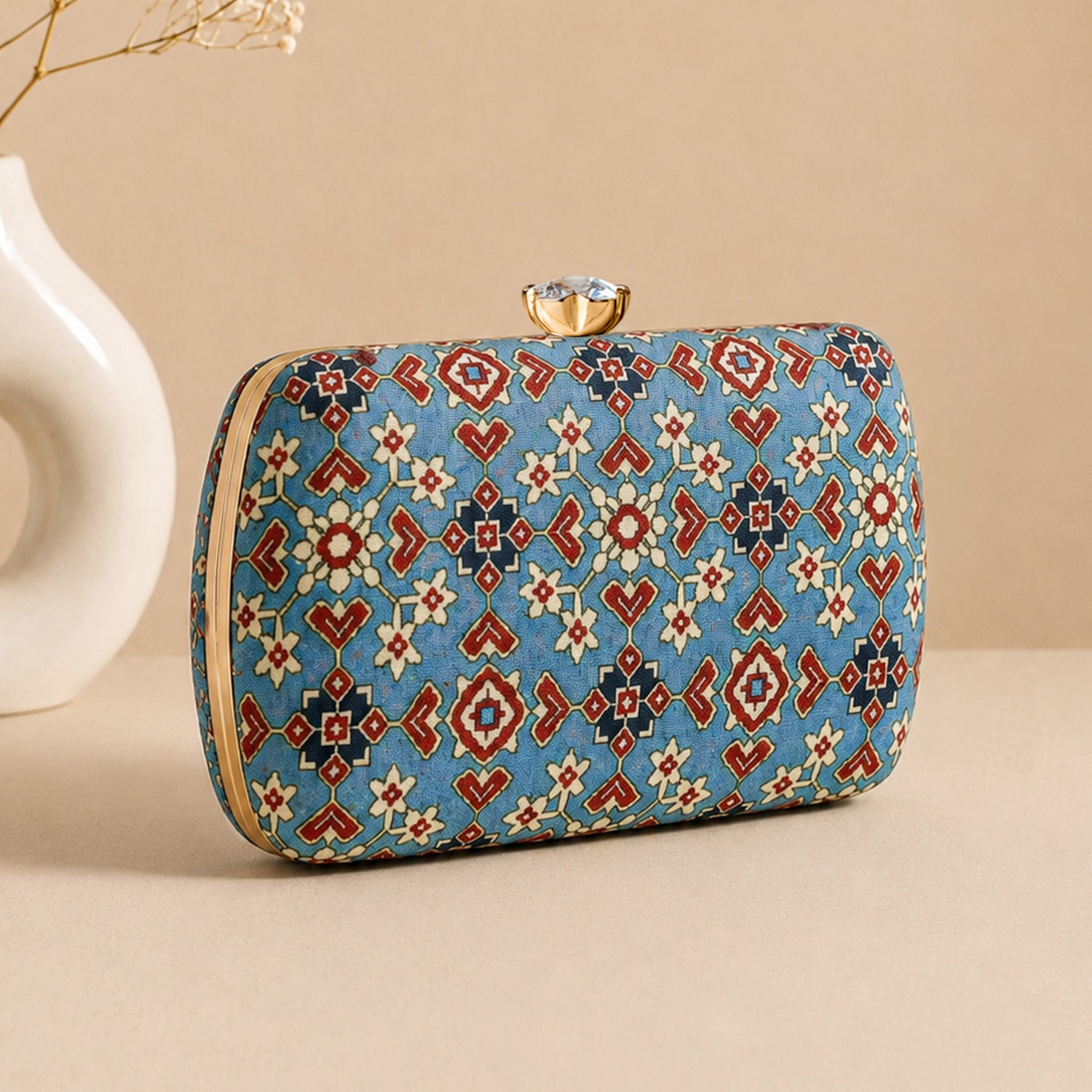 Artklim Blue Multicolor Ethnic Floral Geometric Pattern Printed Clutch