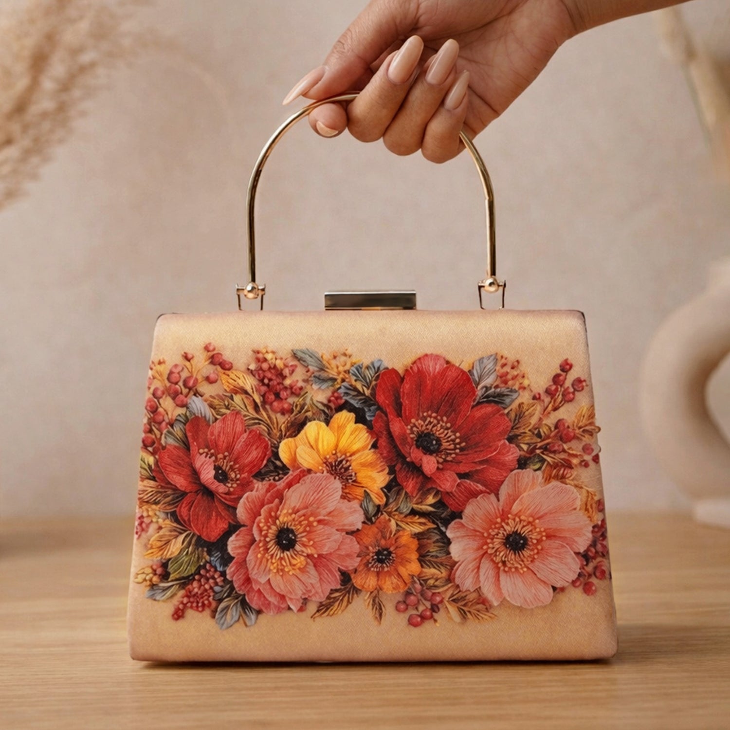 Artklim Printed Champagne Floral Beaded Clutch with Hand Embroidery