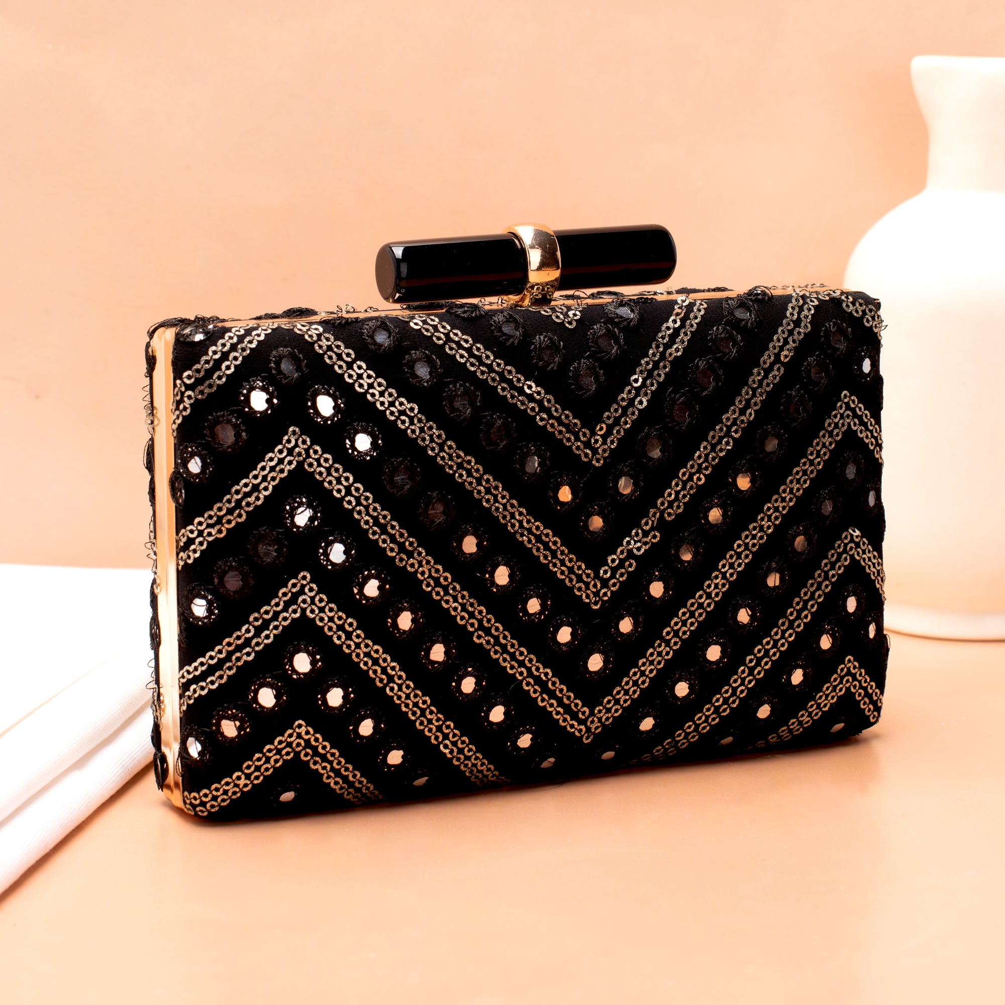 Artklim Black Based Sequins Embroidery Clutch