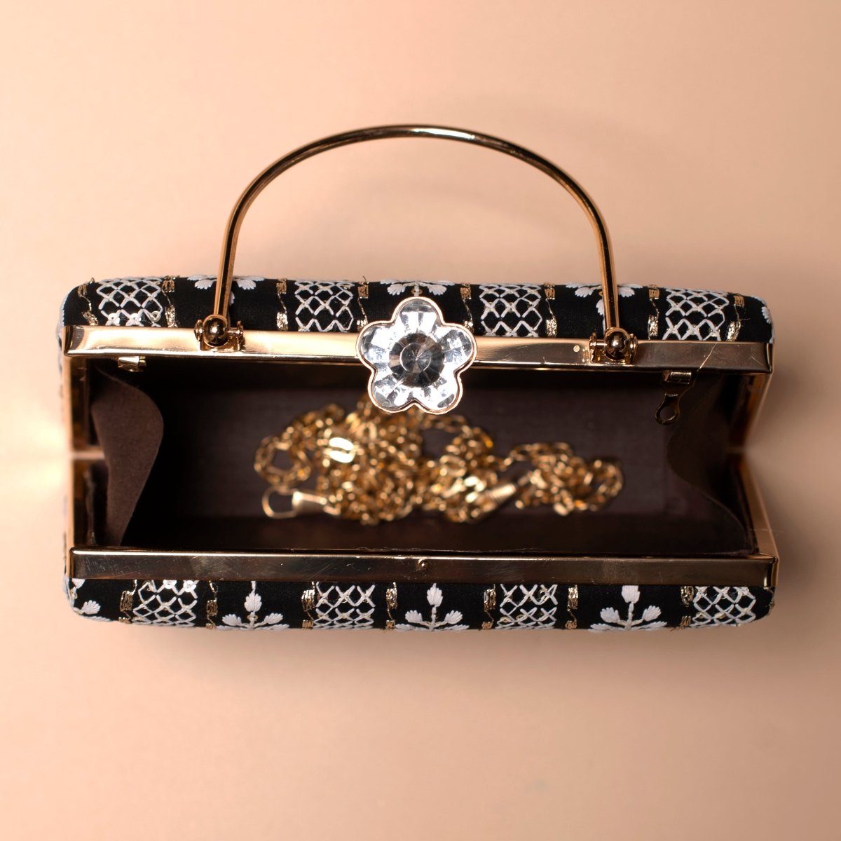 Artklim Black Base White Threadwork Embroidery Clutch