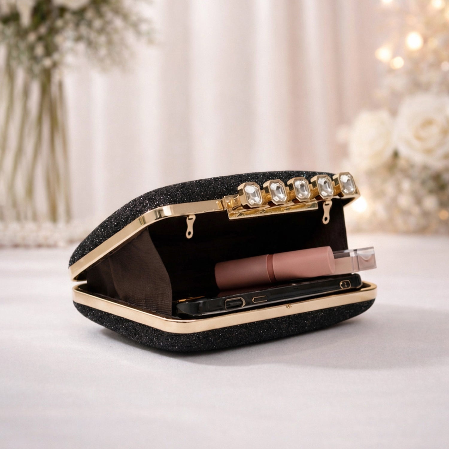 Artklim Black Stylish Midnight Luxe Glitter Embroidery Clutch