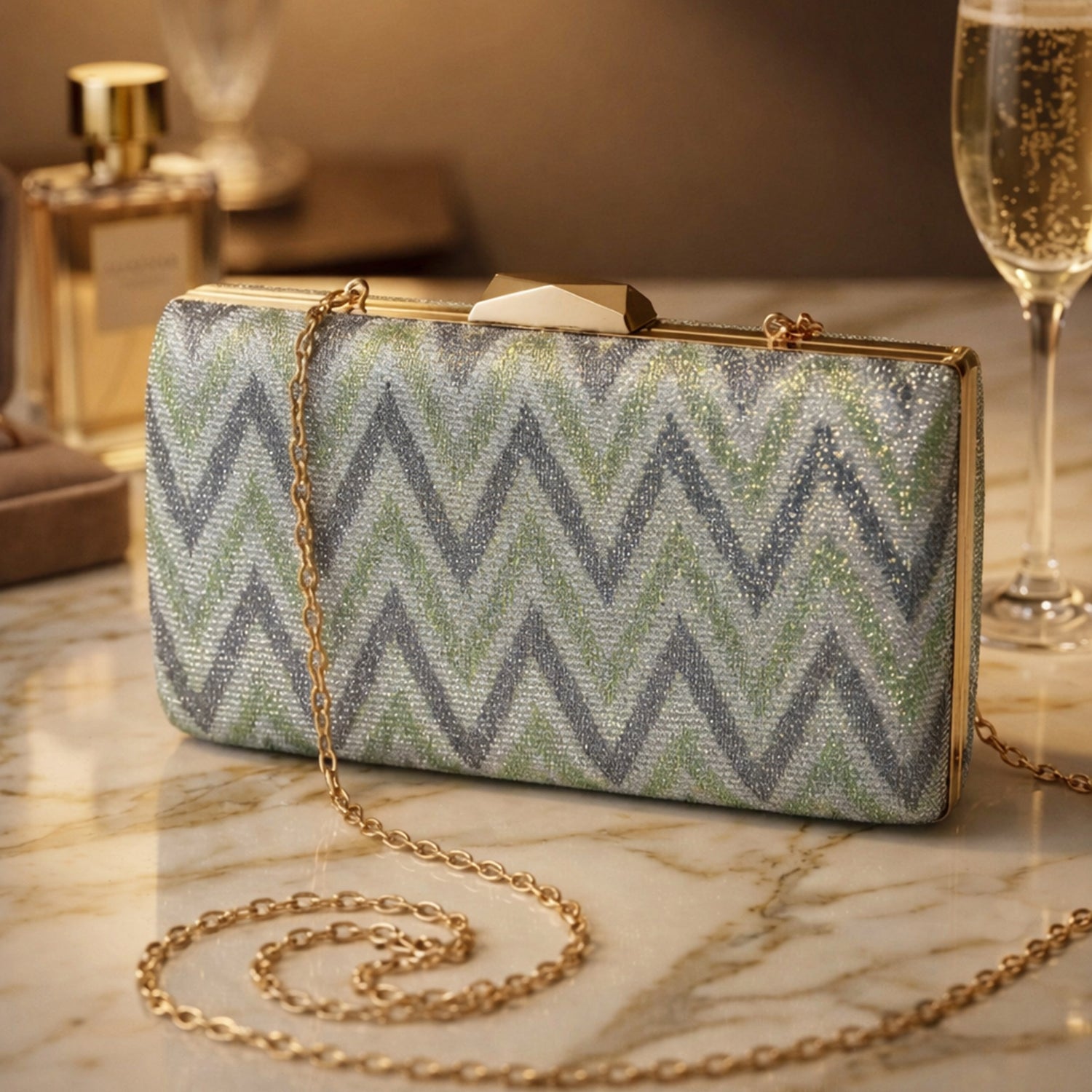 Artklim Elegant Dusty Green & Silver Zigzag Shimmer Clutch