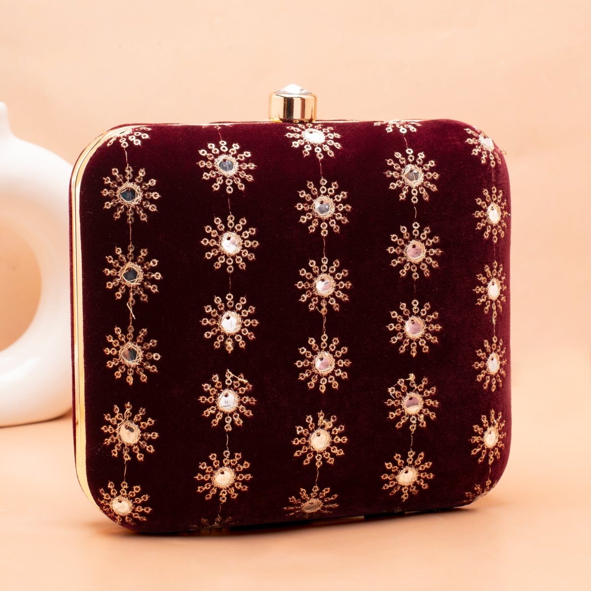 Artklim Dark Maroon Sequins Embroidery Clutch