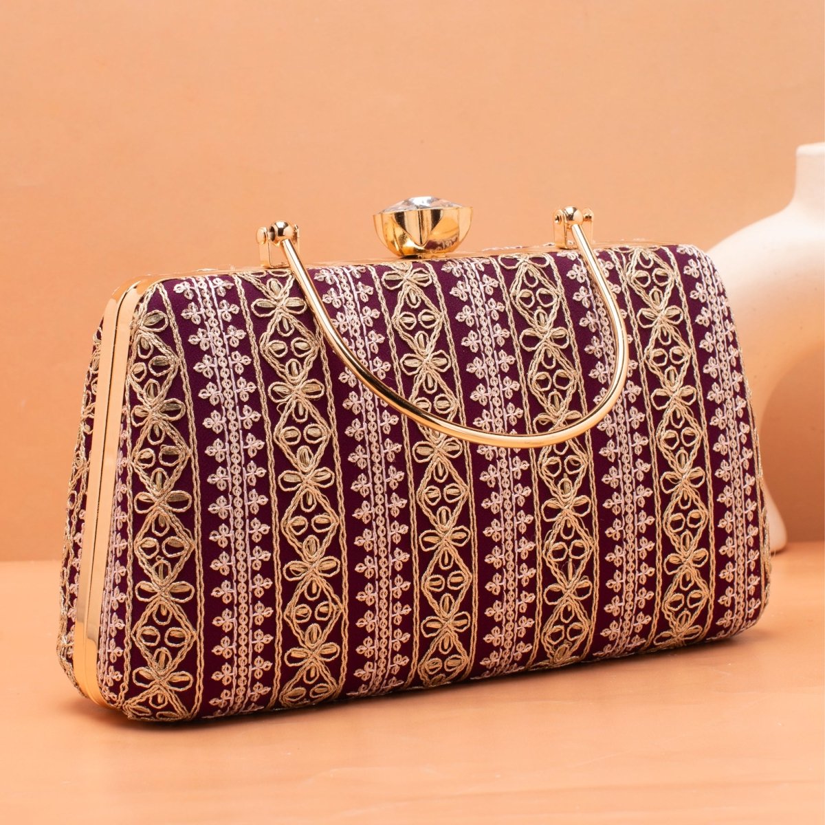 Artklim Wine Based White And Golden Threadwork Embroidery Clutch