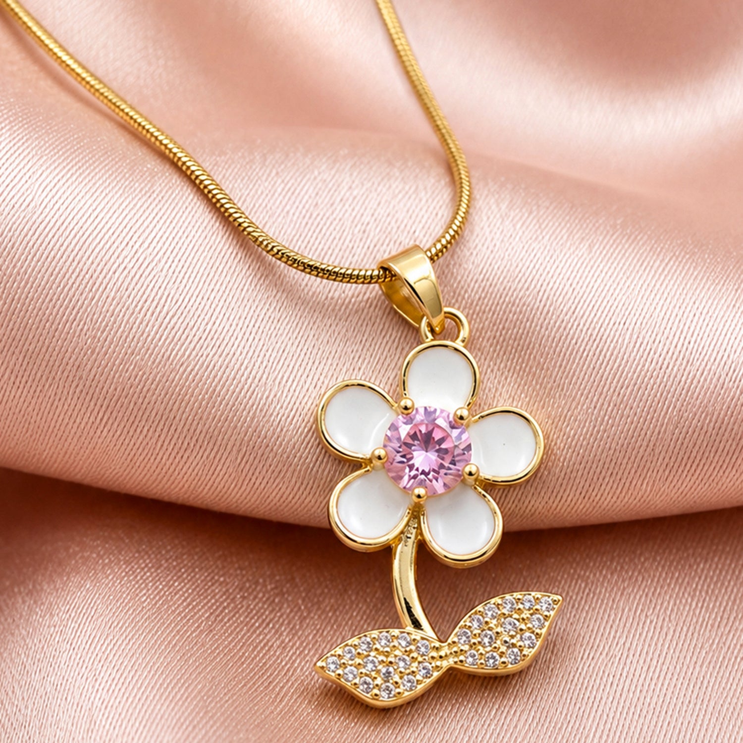 Artklim Blossom Pink Crystal Flower Anti-Tarnish Pendant Necklace