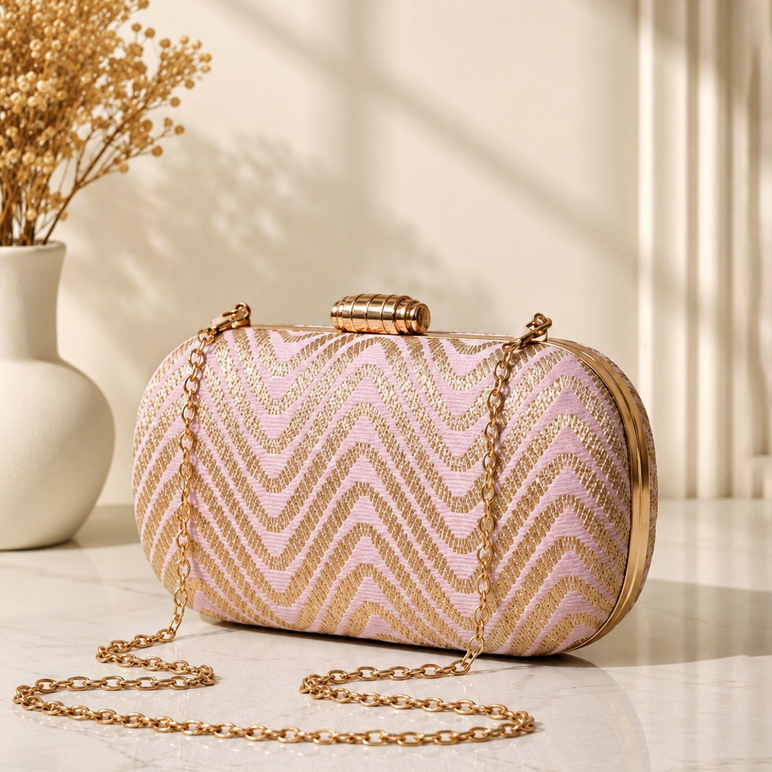 Artklim Blush Pink Zigzag Sequin Designer Embroidery Clutch