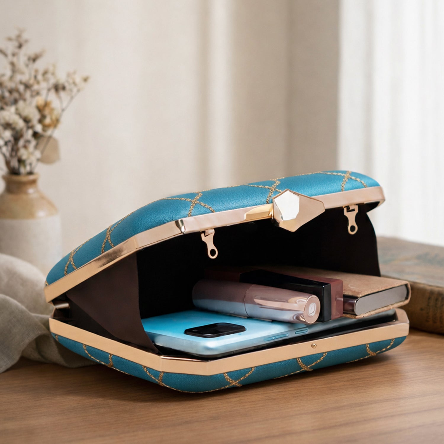 Blue Sequins Floral Checks Embroidery Clutch