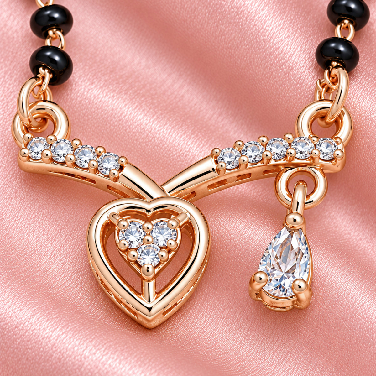 Artklim Elegant Rose Gold-Plated Heart Pendant Mangalsutra with Black Beads for Women
