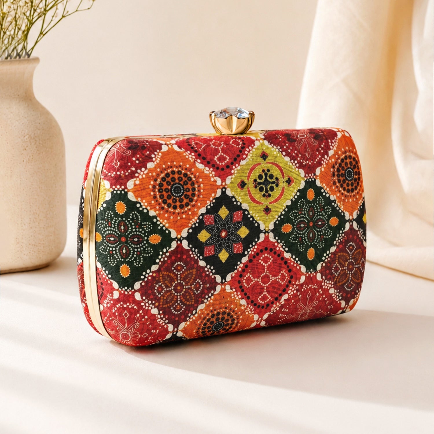 Artklim Multicolor Bohemian Floral Geometric Pattern Chain Strap Printed Clutch