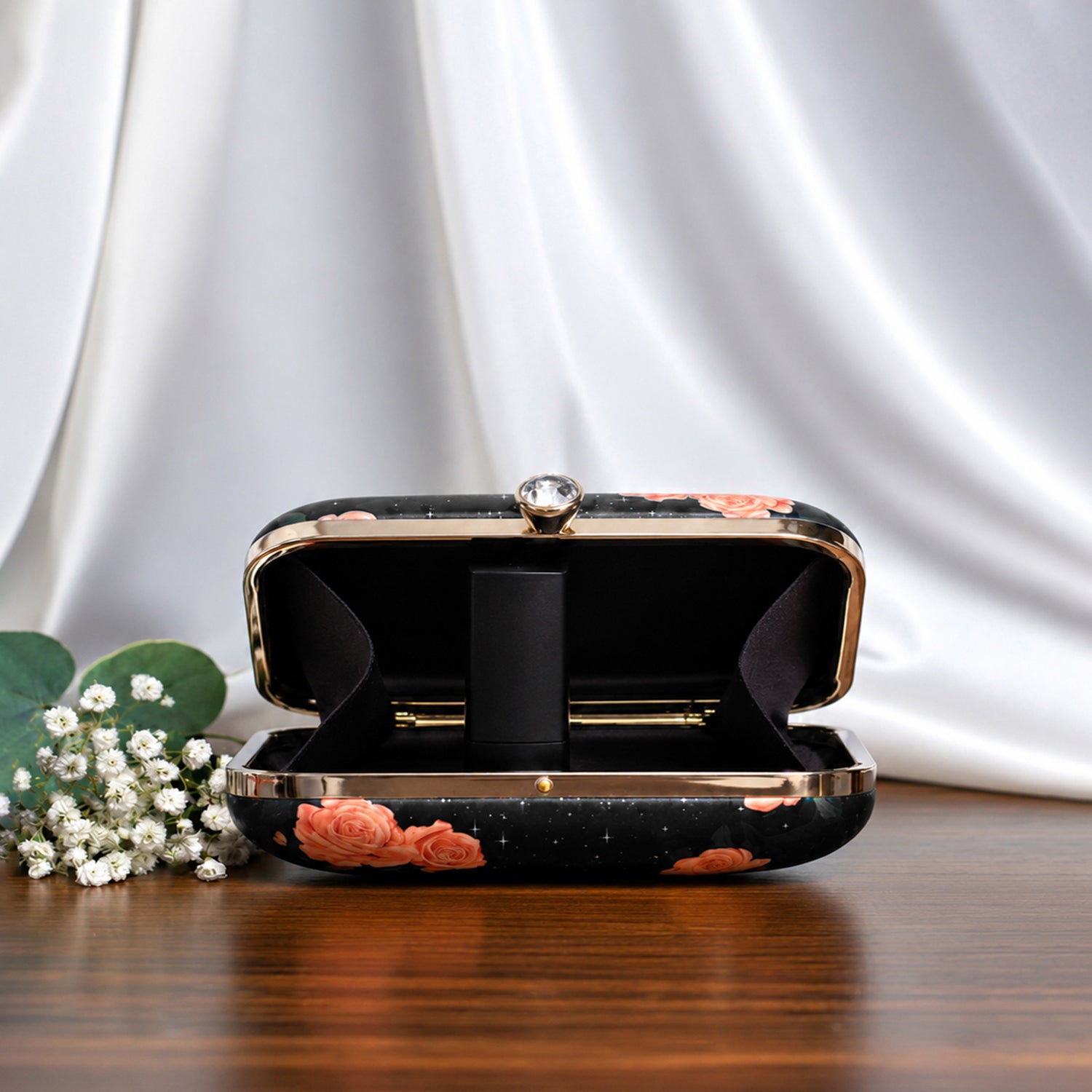 Artklim Rose And Girl Portrait Printed Clutch
