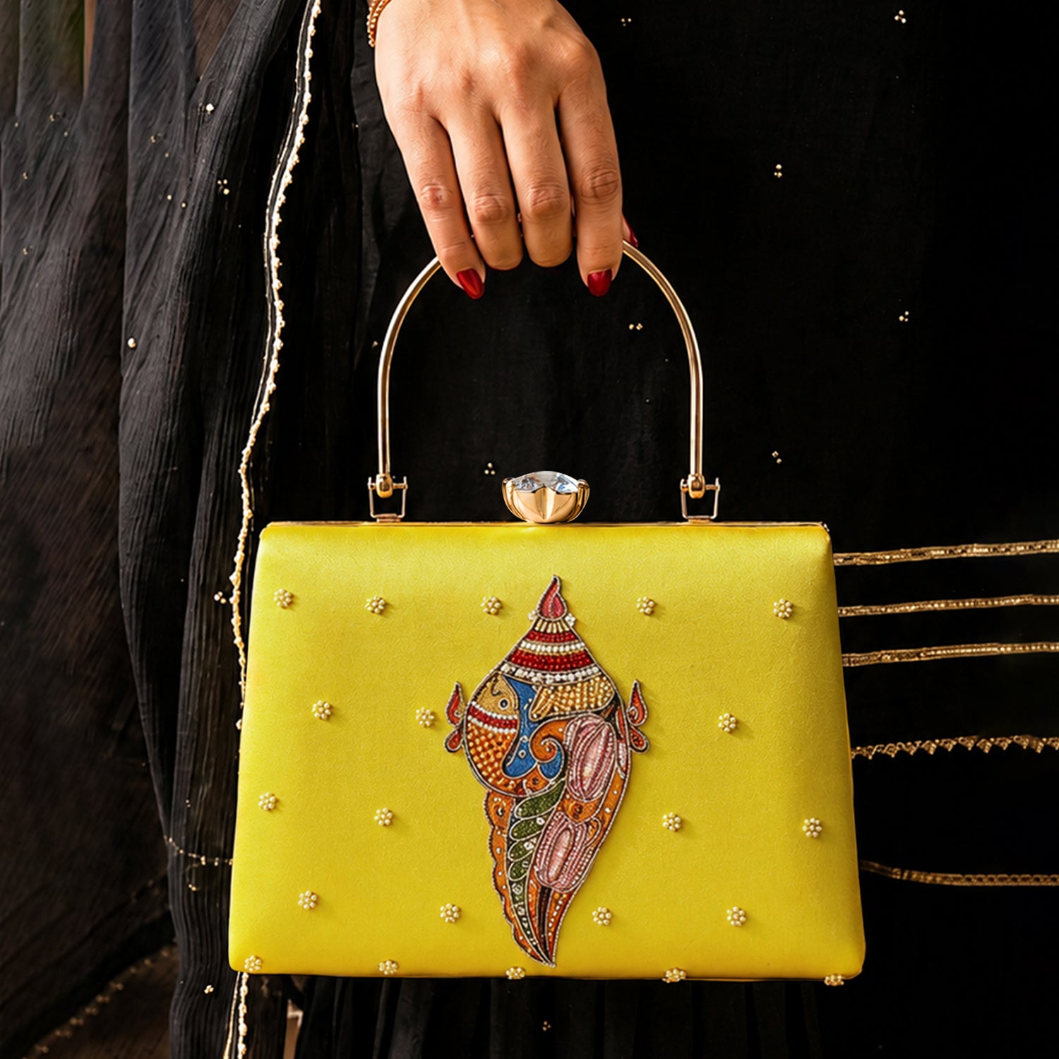 Artklim Printed Heritage Conch Shell Clutch with Hand Embroidery