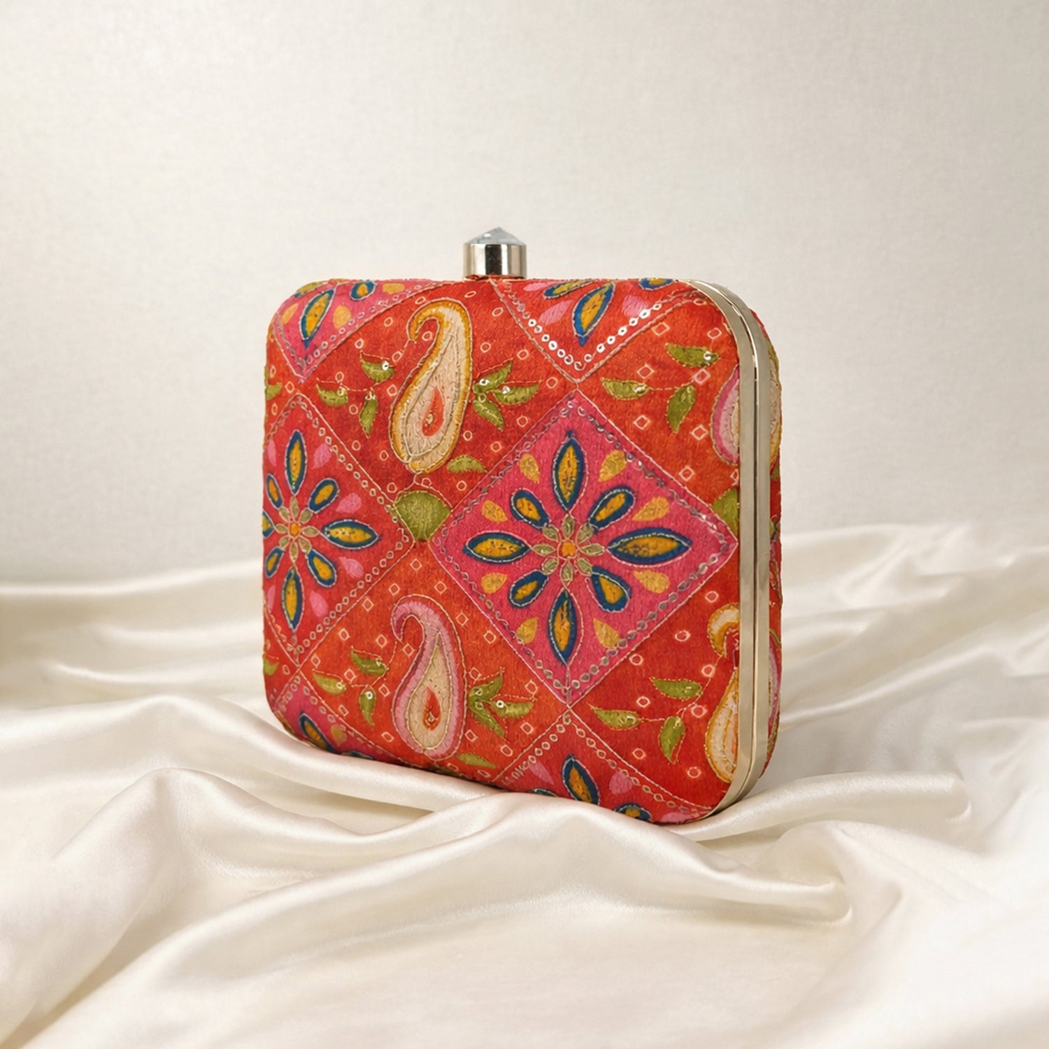Artklim Chic Red Hard Case with Paisley & Floral Embroidered Clutch