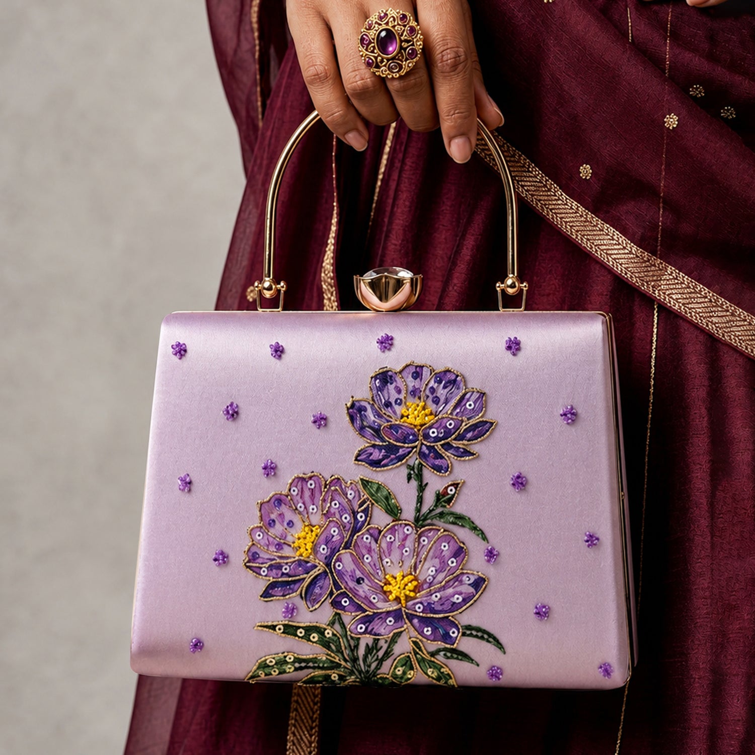 Artklim Lavender Floral Embroidered Clutch Bag