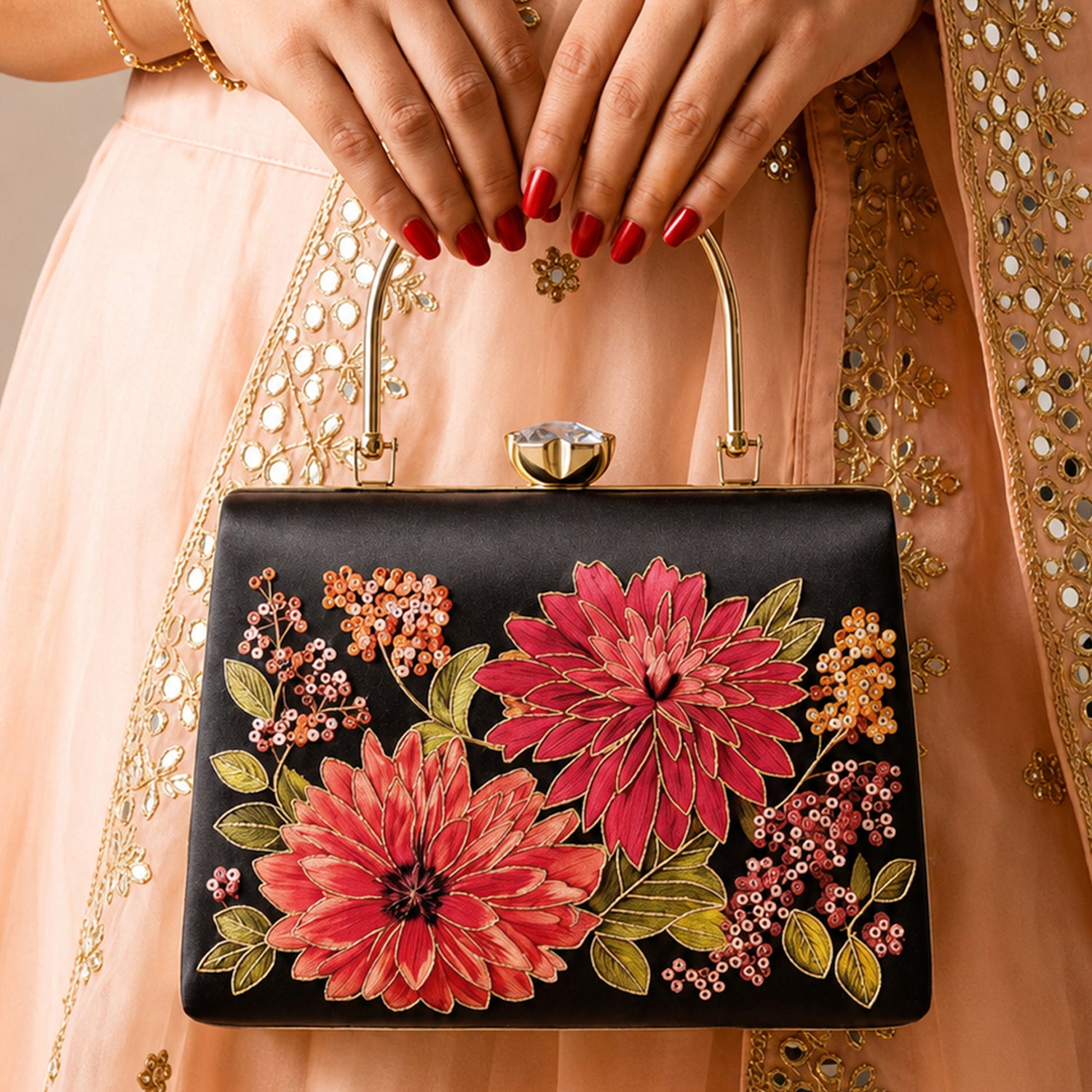 Artklim Printed Midnight Bloom Floral Clutch with Hand Embroidery