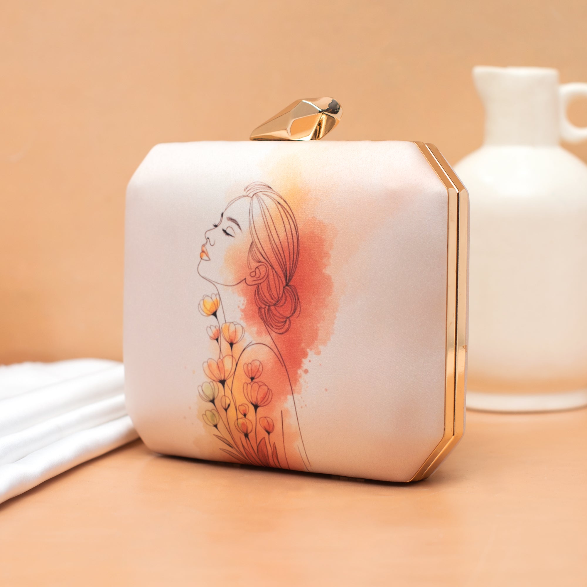 Artklim Orange Floral Silhouette Minimal Art Clutch