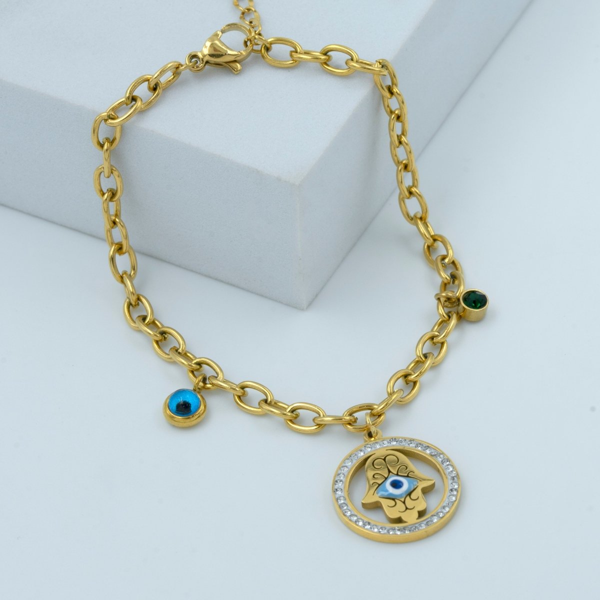 Artklim Gold Plated Round Hamsa Hand Evil Eye Charm Bracelet