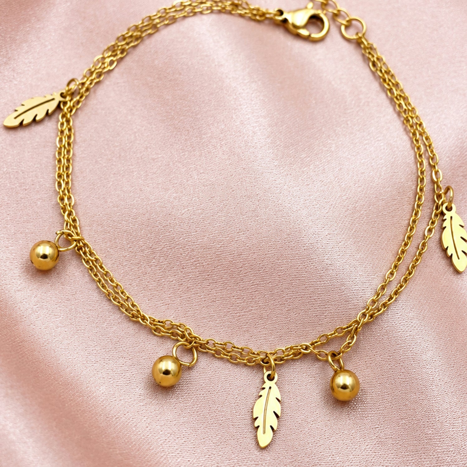 Artklim Feather & Bell Layered Charm Gold Anti-Tarnish Anklet