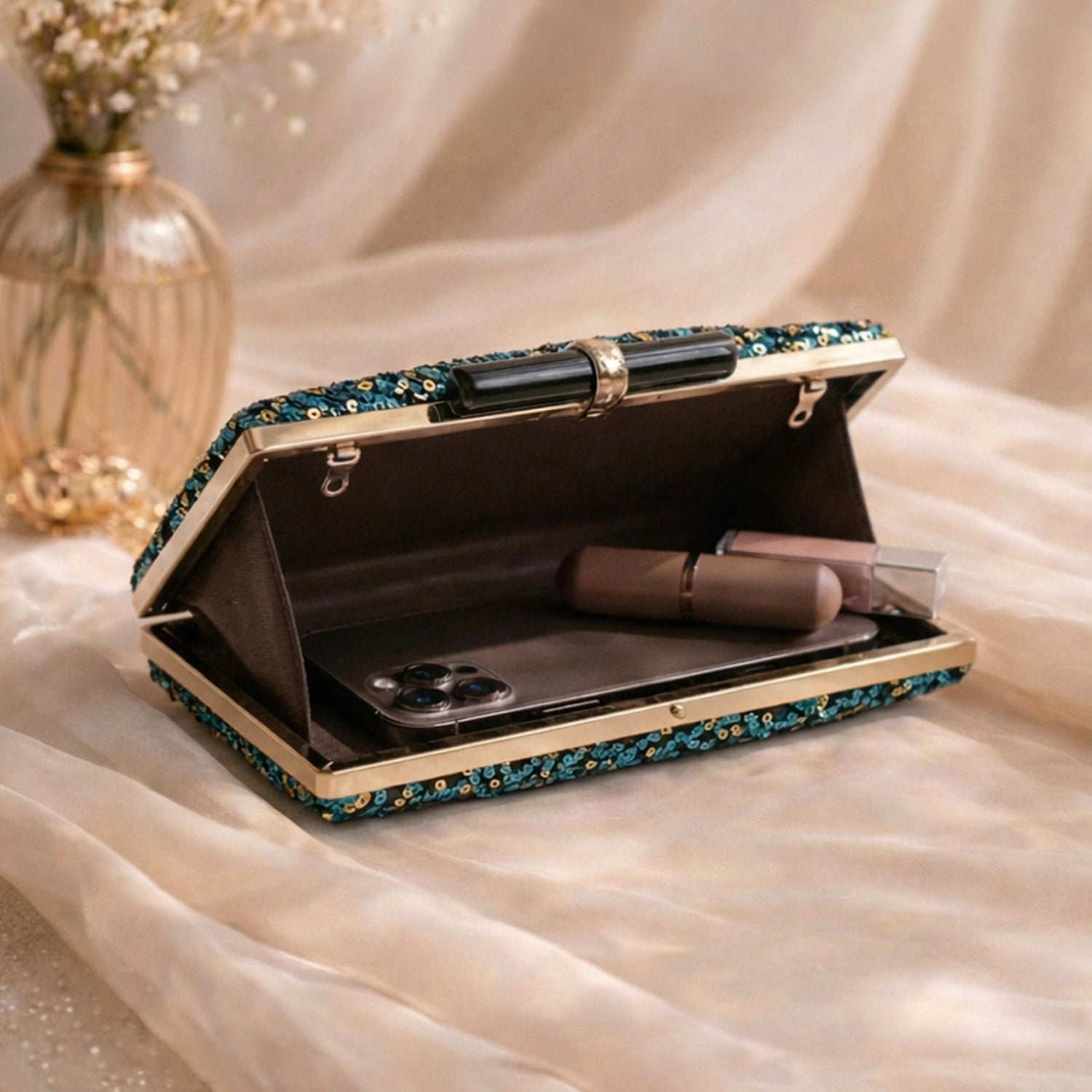Artklim Blue - Green Designer Embroidred Clutch