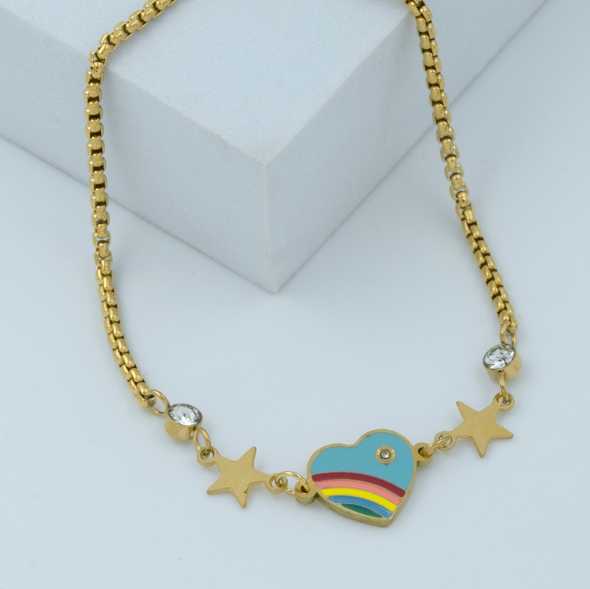 Artklim Gold Plated Heart Charm With Rainbow Stripes Bracelet