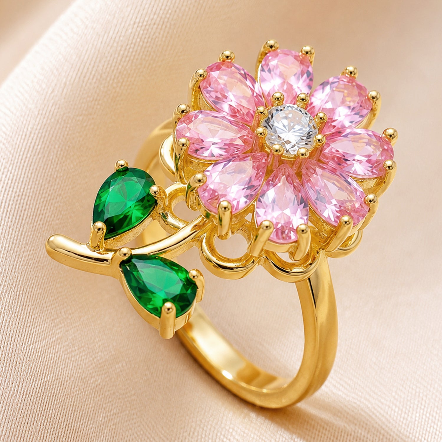 Artklim Pink Blossom Revolving Crystal Flower Adjustable Anti-Tarnish Copper Ring