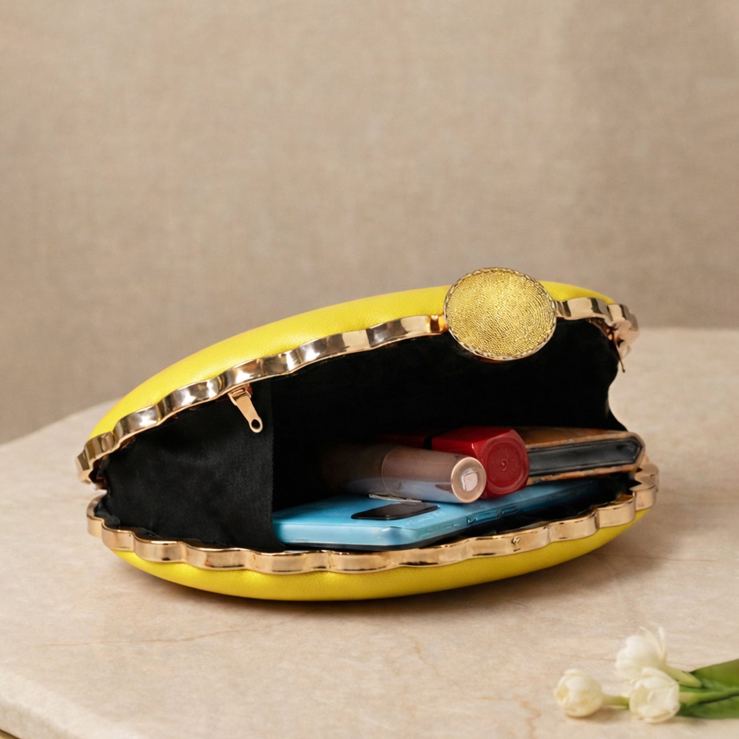 Artklim Yellow Durga Printed D-Shape Clutch