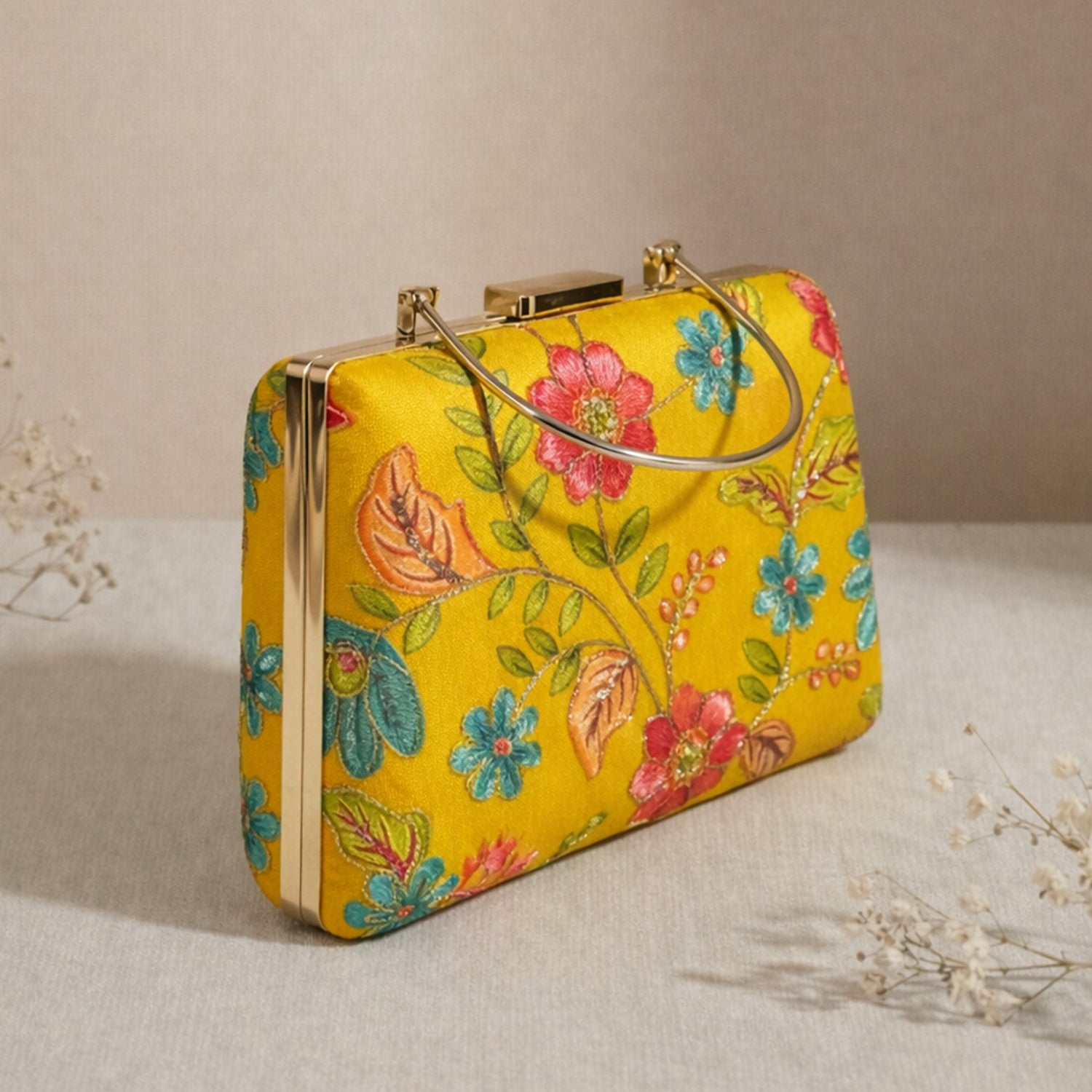 Artklim Mustard Yellow Floral Embroidered Clutch