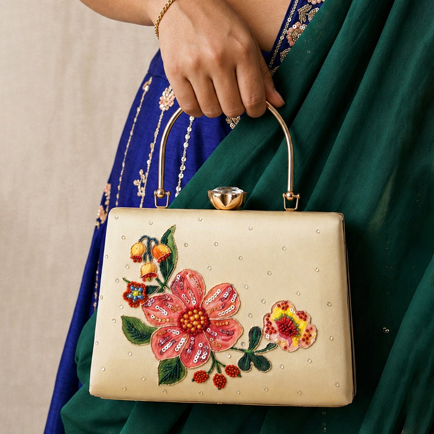 Artklim Printed Ivory Blossom Clutch with Hand Embroidery